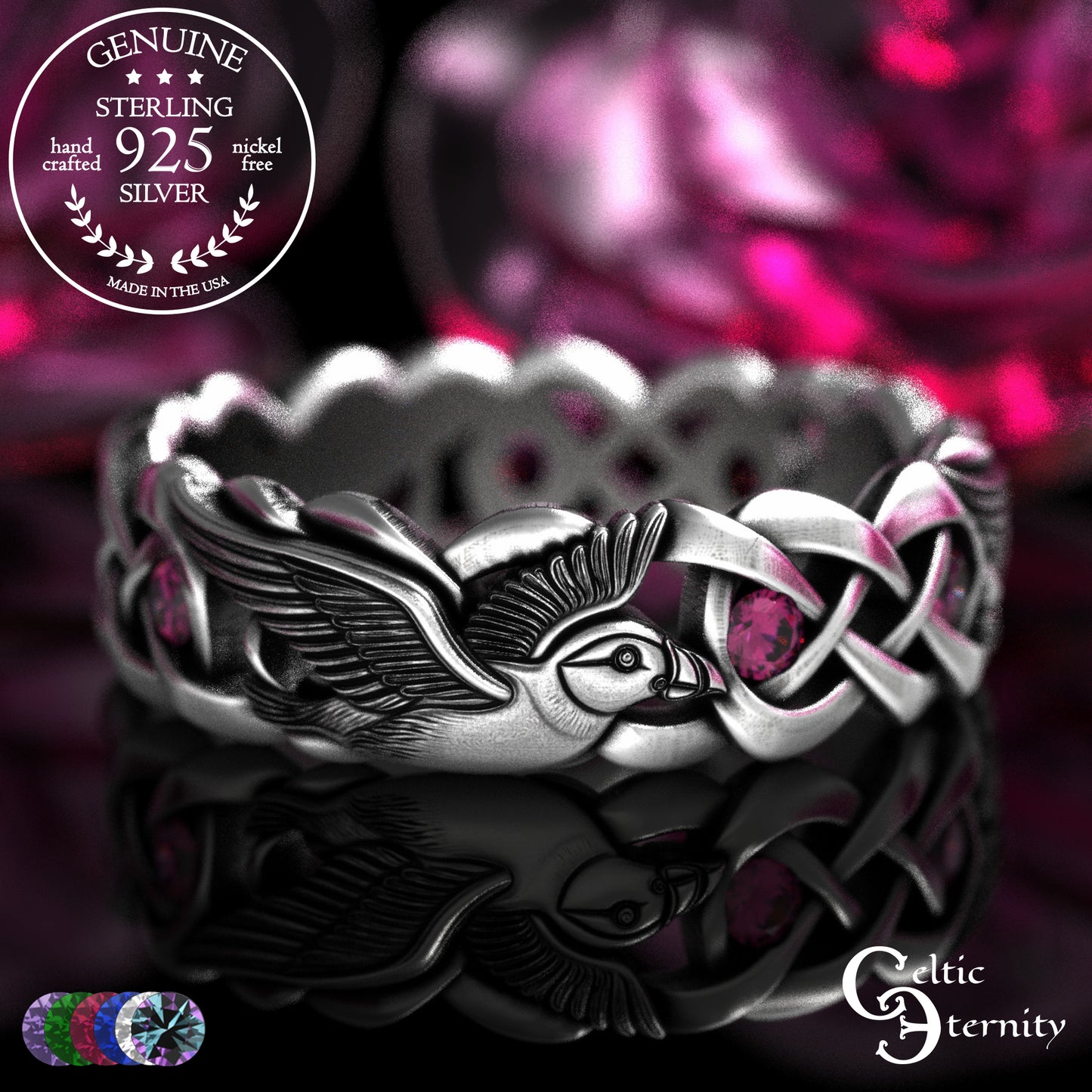 Sterling Woman's Puffin Bird Wedding Band with Emeralds, 2124