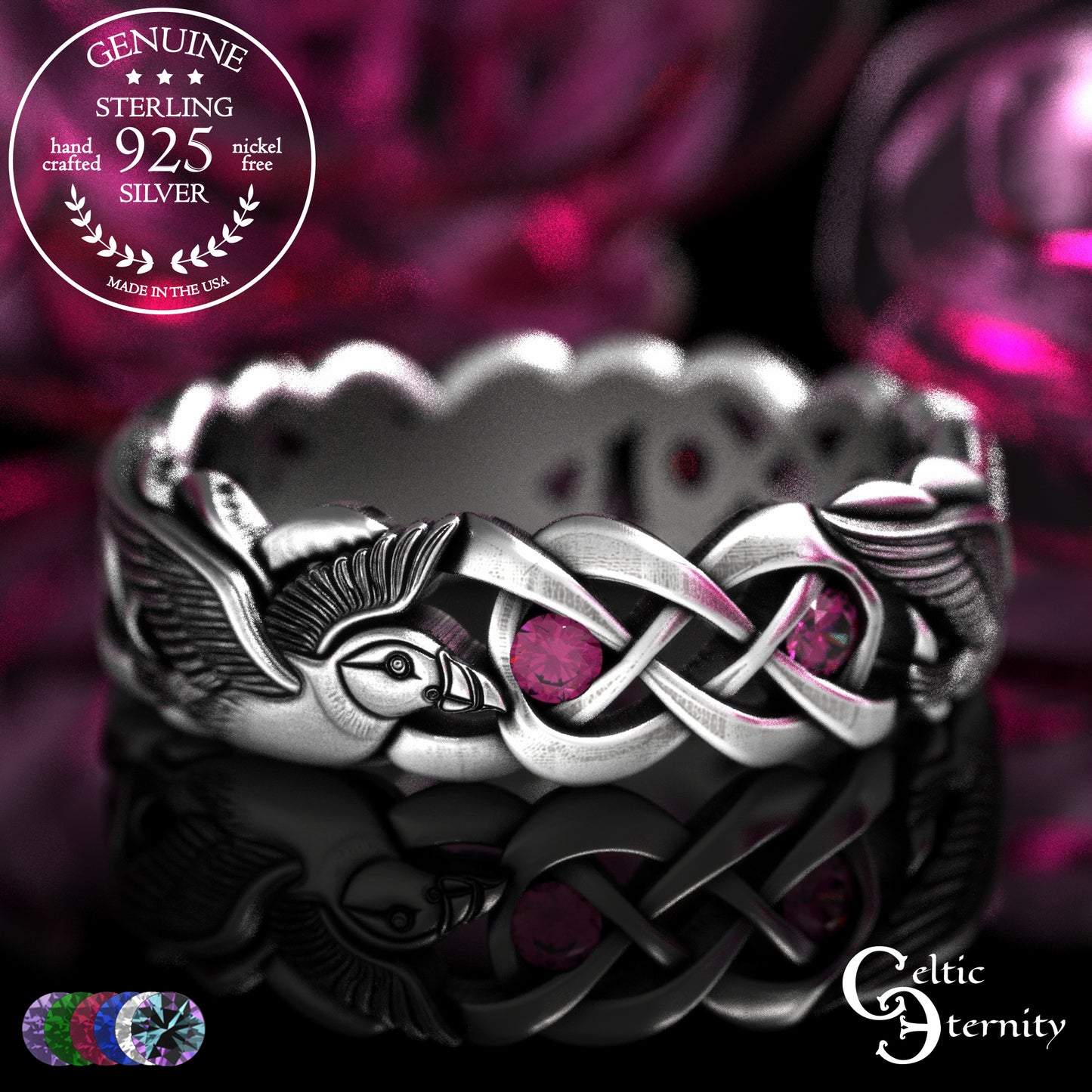 Sterling Woman's Puffin Bird Wedding Band with Emeralds, 2124