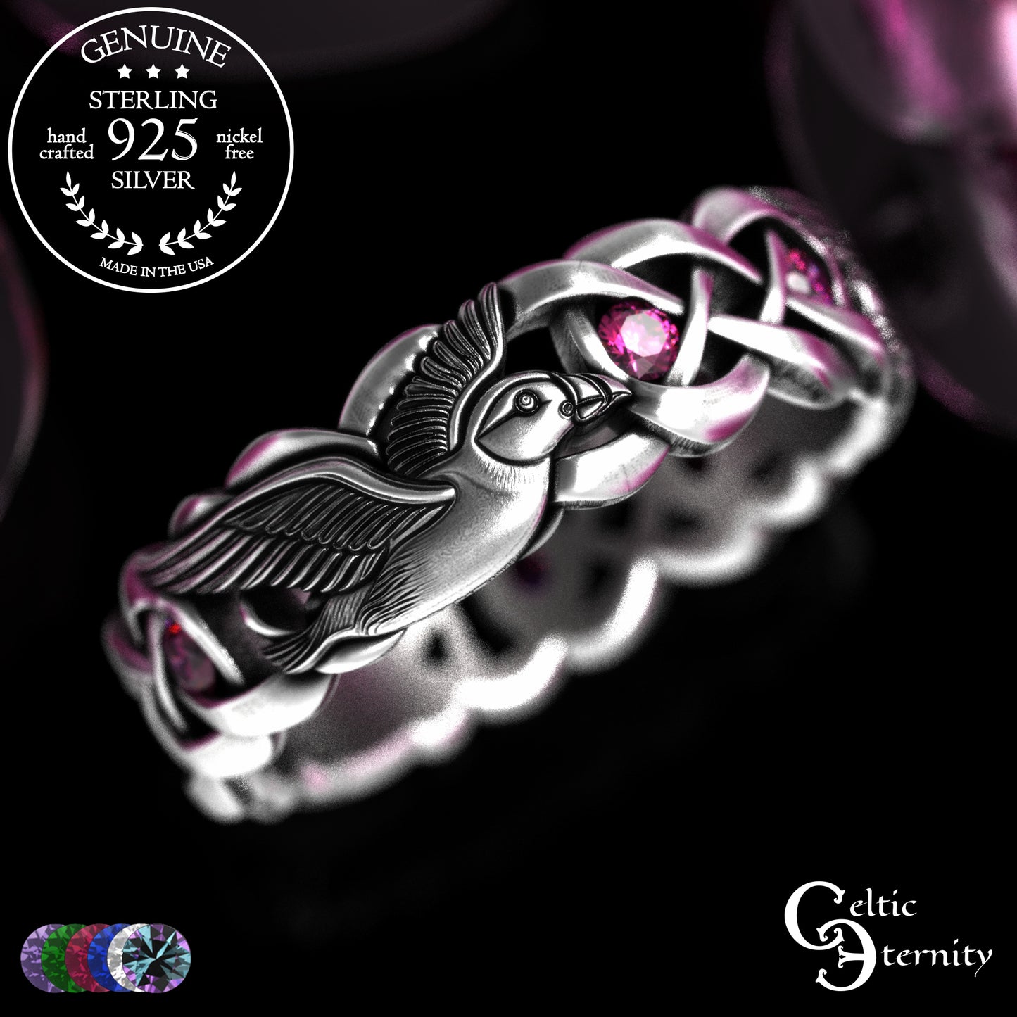 Sterling Woman's Puffin Bird Wedding Band with Emeralds, 2124