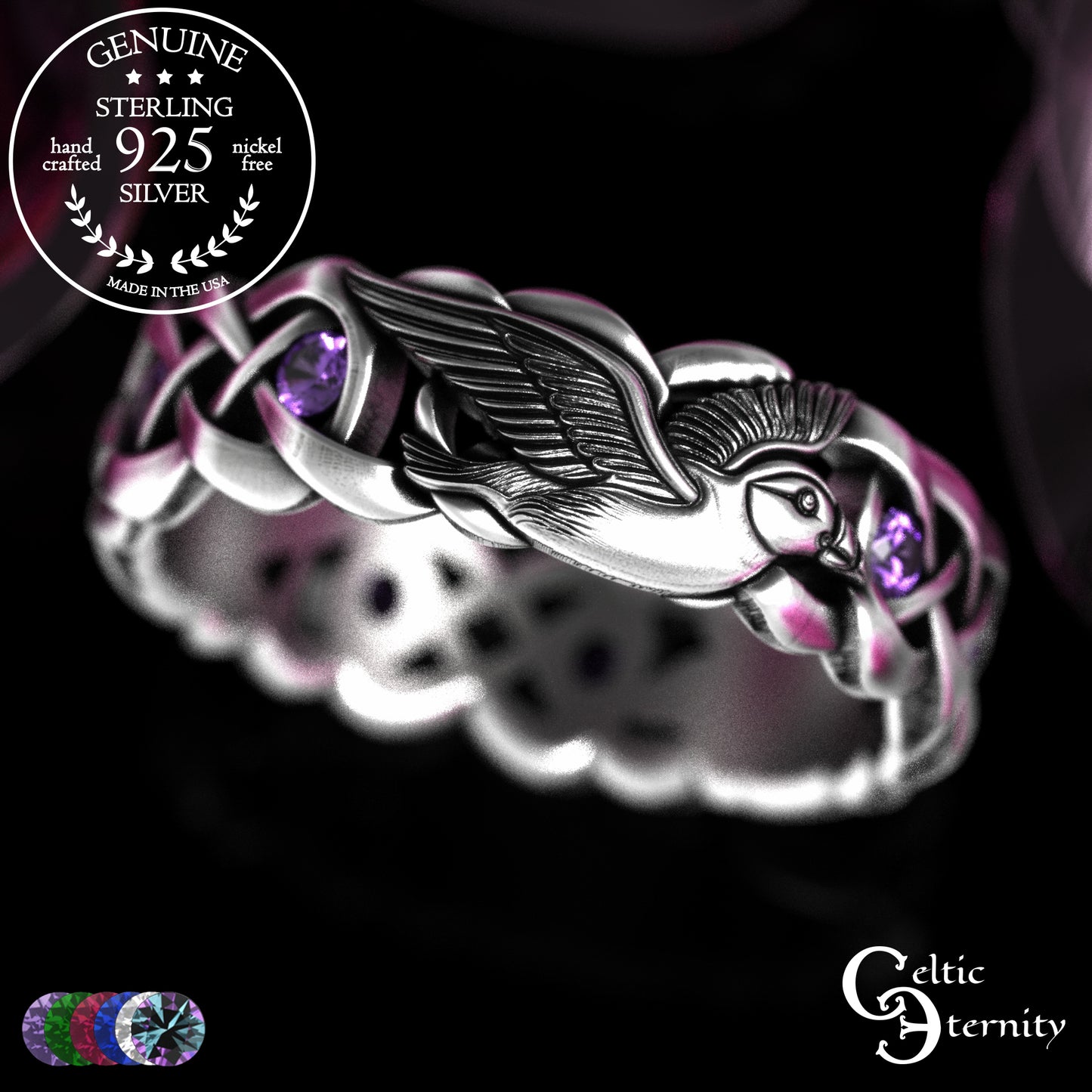 Sterling Woman's Puffin Bird Wedding Band with Emeralds, 2124