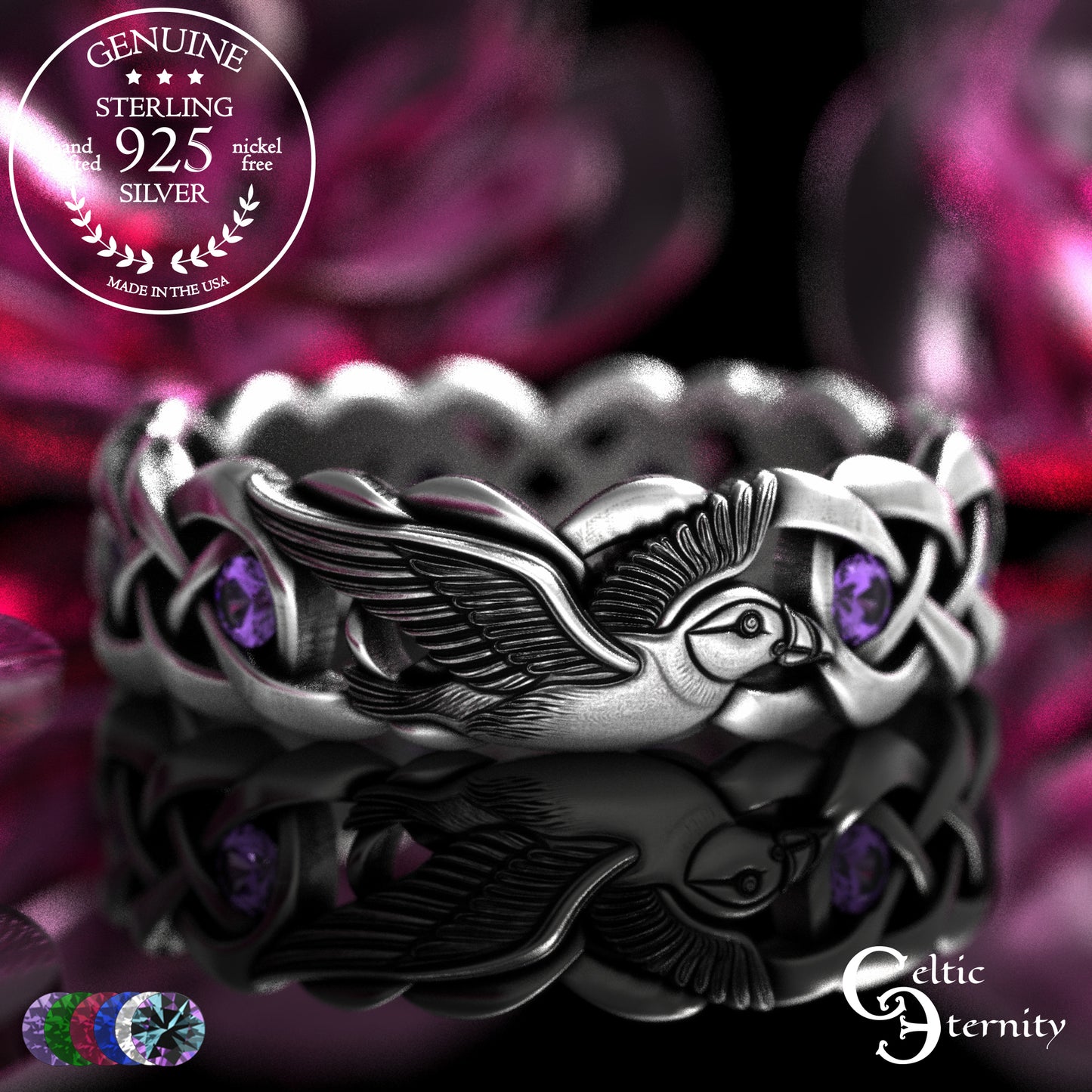 Sterling Woman's Puffin Bird Wedding Band with Emeralds, 2124