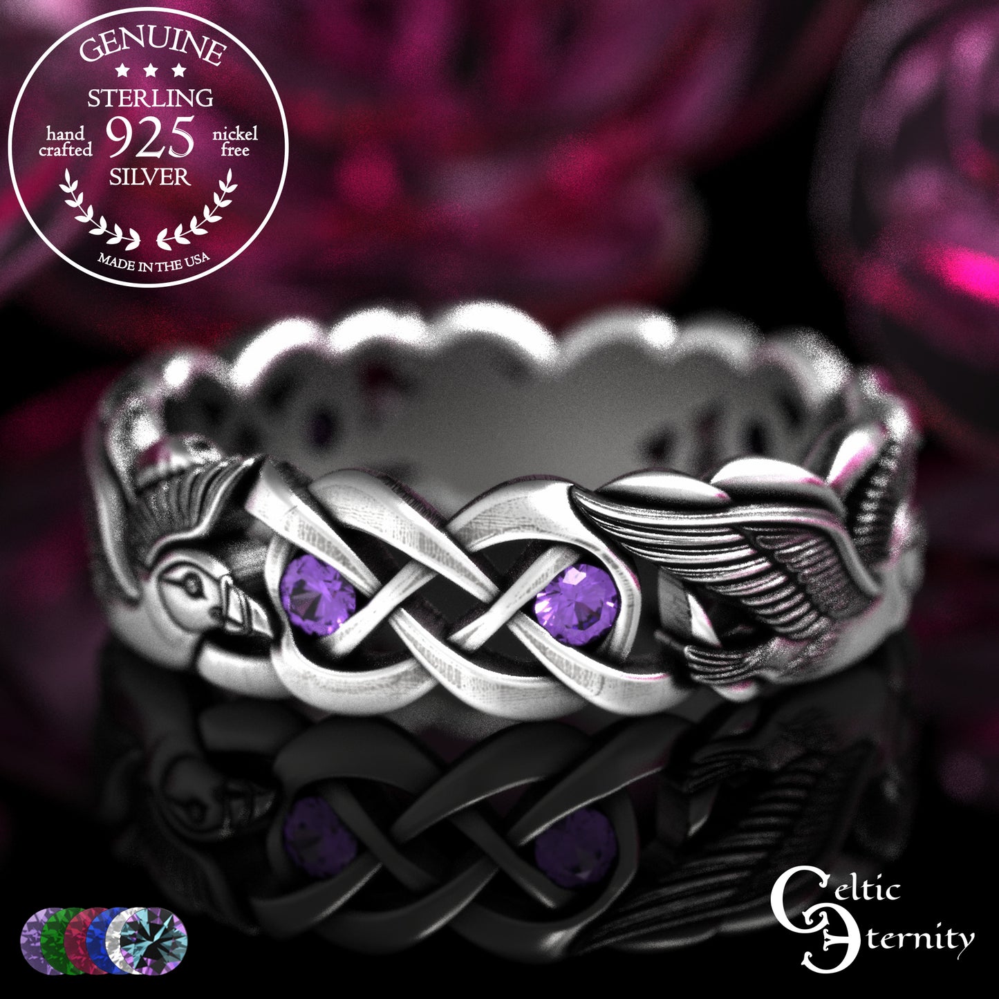 Sterling Woman's Puffin Bird Wedding Band with Emeralds, 2124