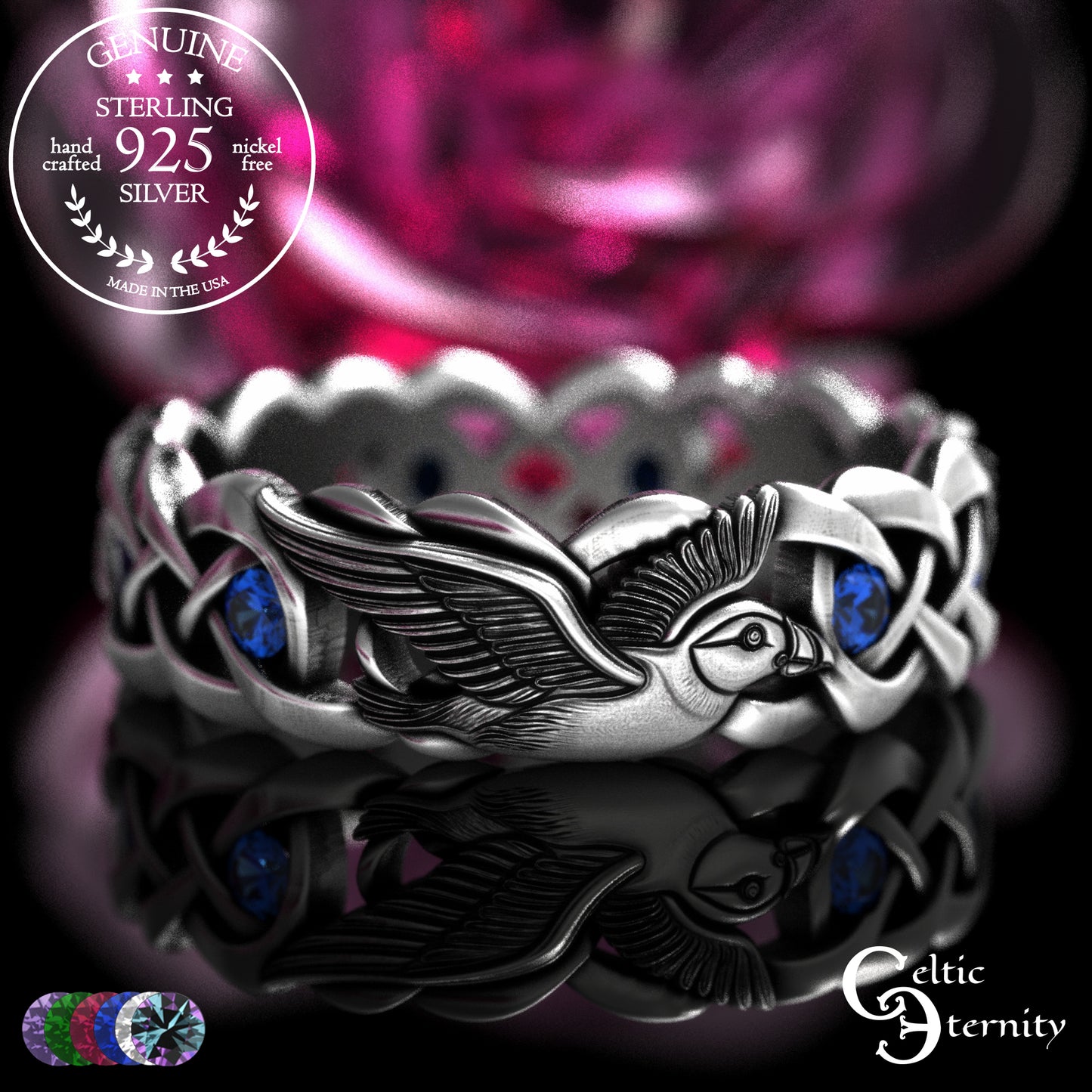 Sterling Woman's Puffin Bird Wedding Band with Emeralds, 2124