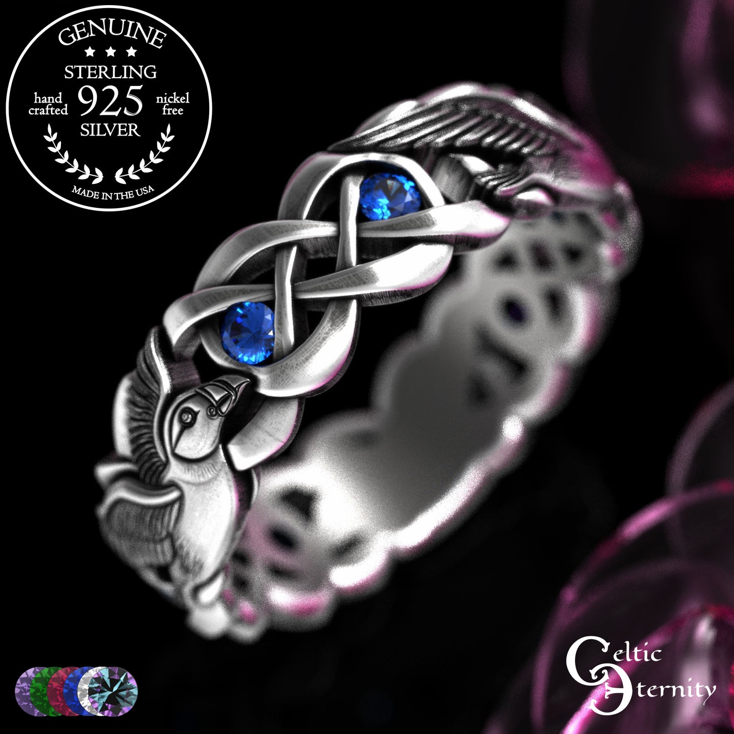Sterling Woman's Puffin Bird Wedding Band with Emeralds, 2124