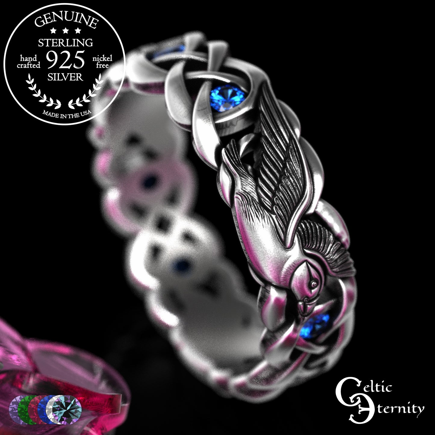 Sterling Woman's Puffin Bird Wedding Band with Emeralds, 2124