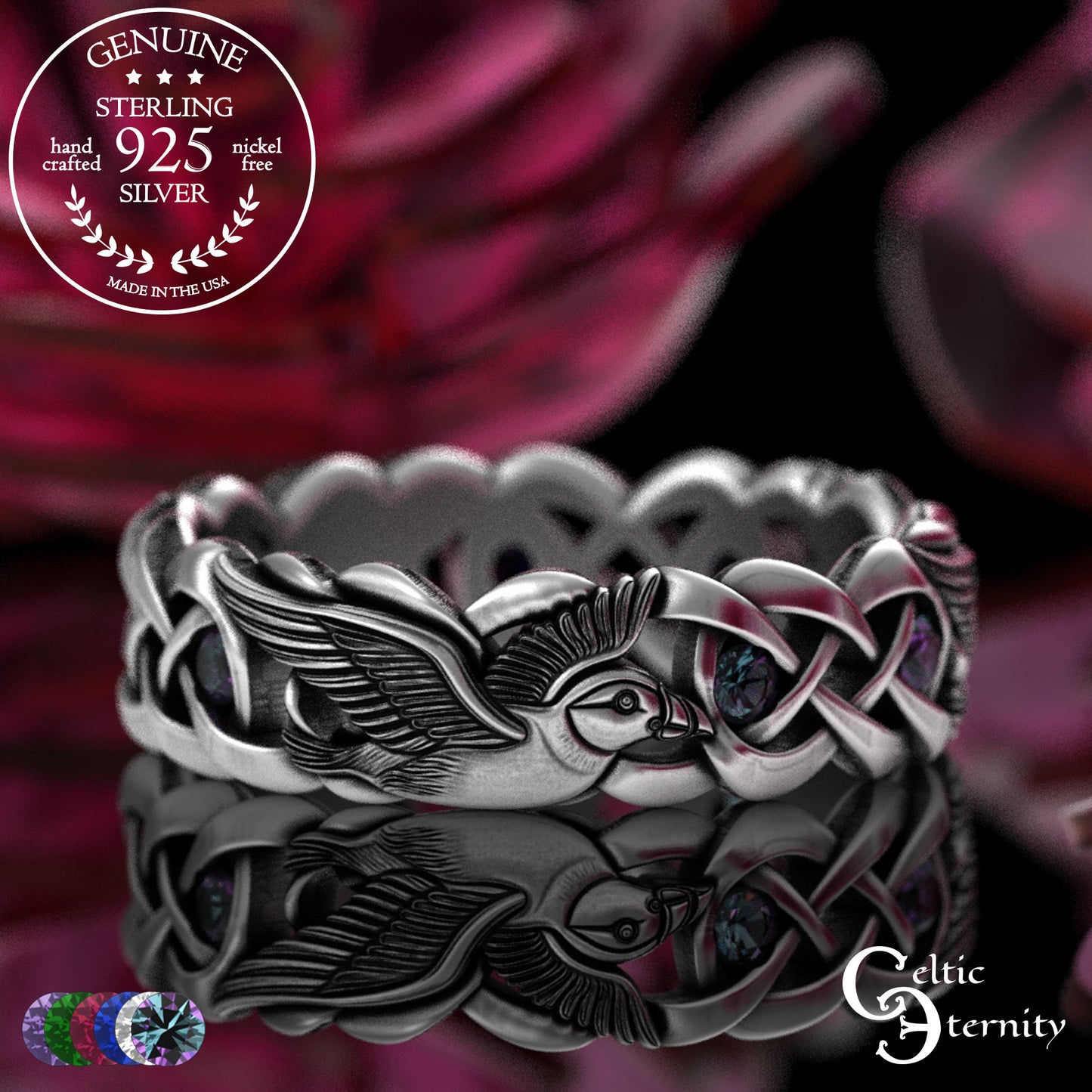 Sterling Woman's Puffin Bird Wedding Band with Emeralds, 2124