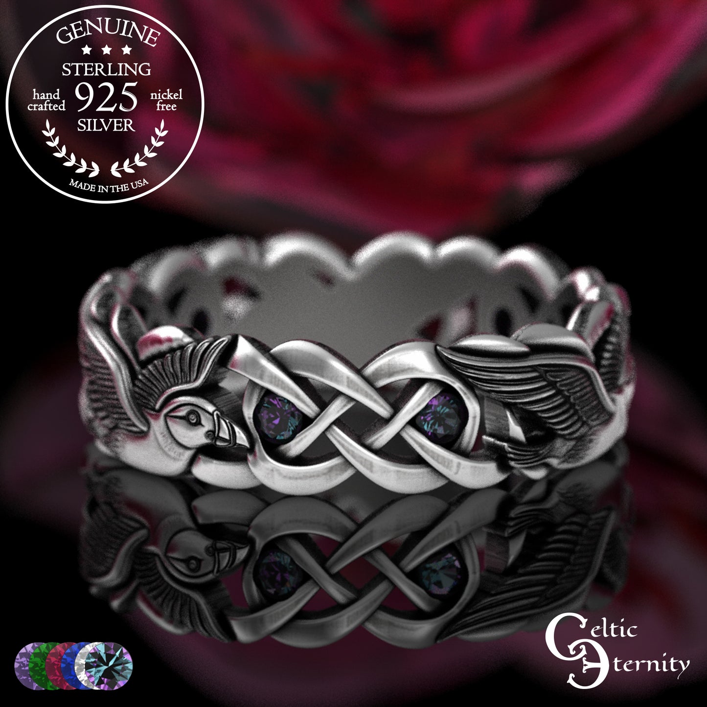Sterling Woman's Puffin Bird Wedding Band with Emeralds, 2124