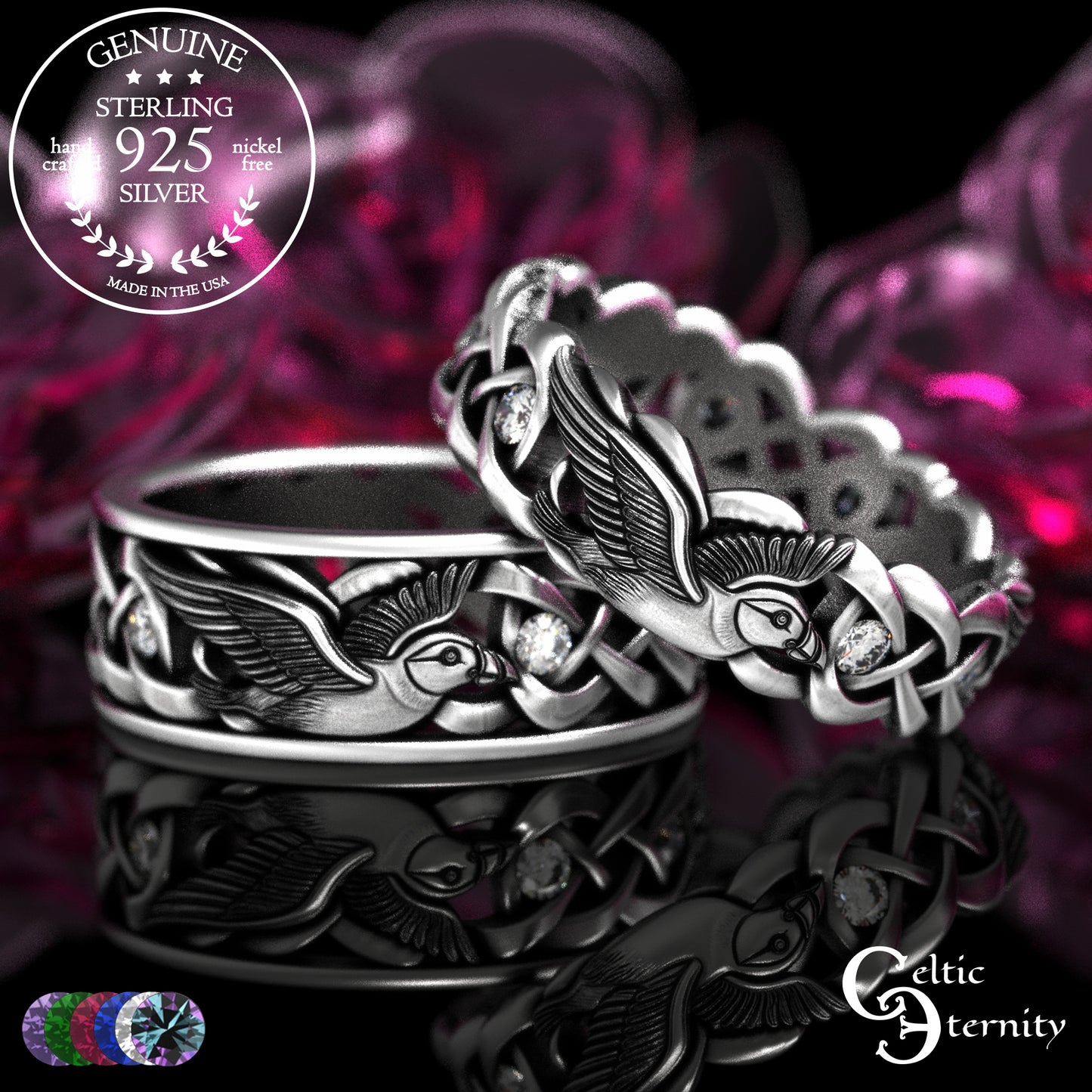 Sterling & Sapphire Matching Puffin Wedding Band Set - Celtic Knotwork, 2124 2125