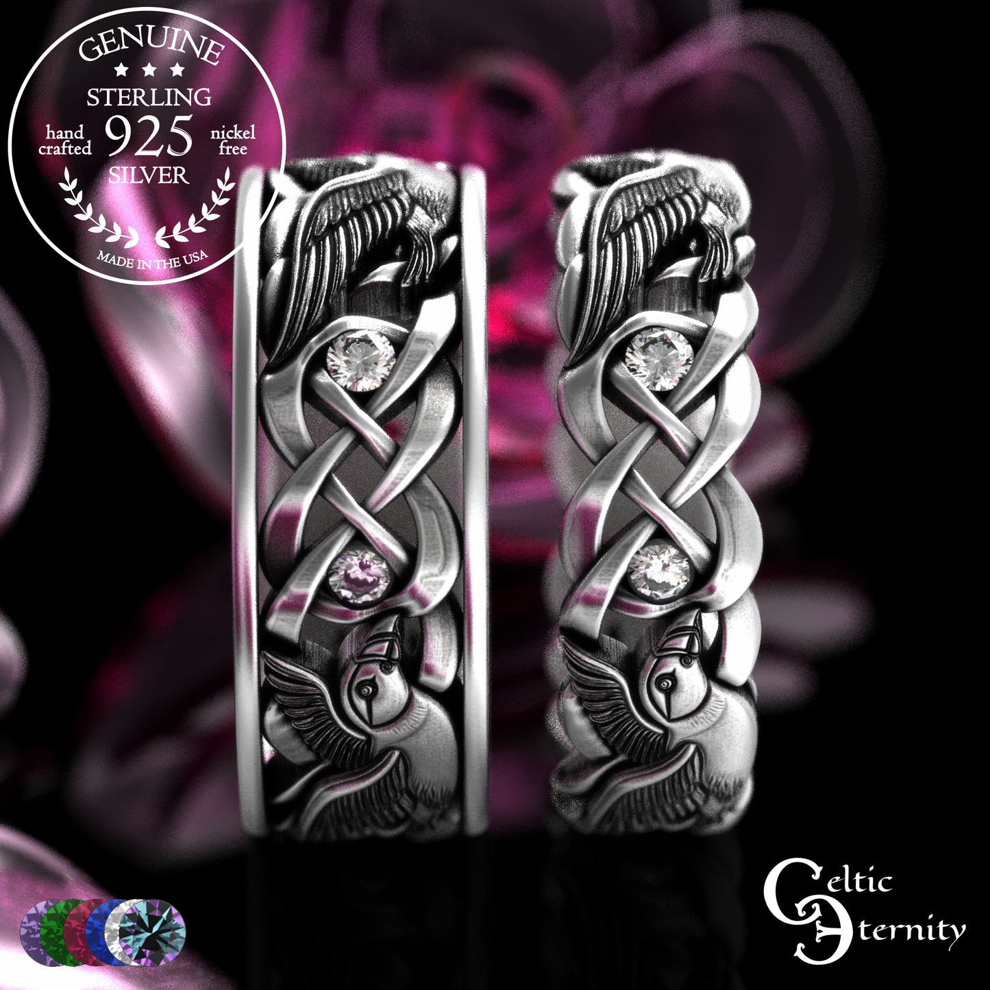 Sterling & Sapphire Matching Puffin Wedding Band Set - Celtic Knotwork, 2124 2125