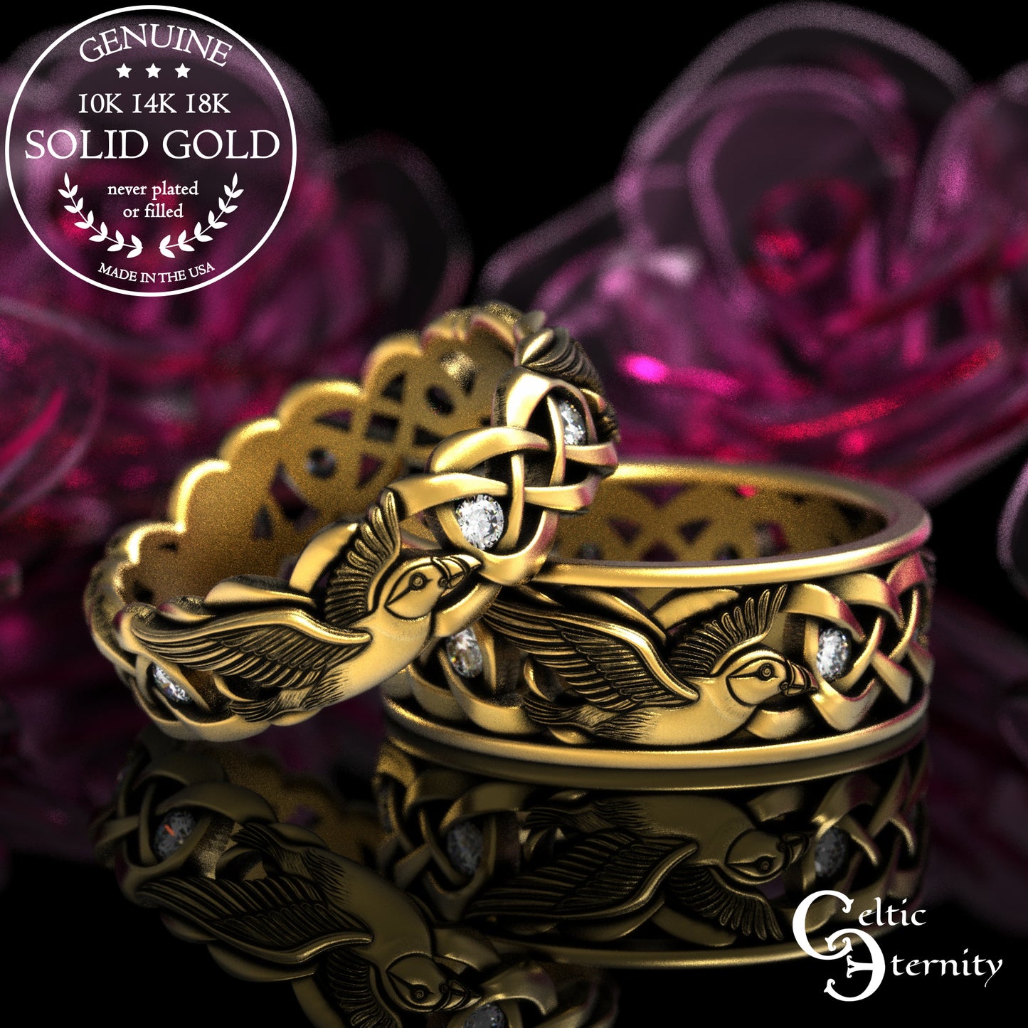 Sterling & Sapphire Matching Puffin Wedding Band Set - Celtic Knotwork, 2124 2125