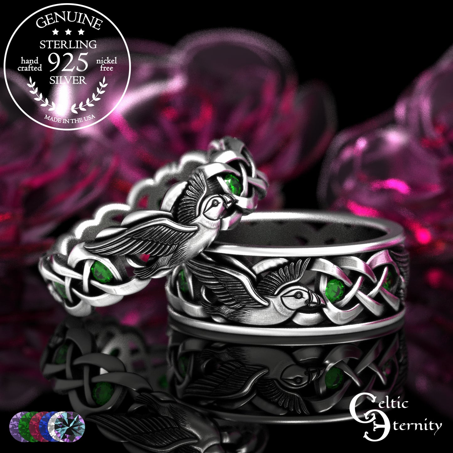 Sterling & Sapphire Matching Puffin Wedding Band Set - Celtic Knotwork, 2124 2125