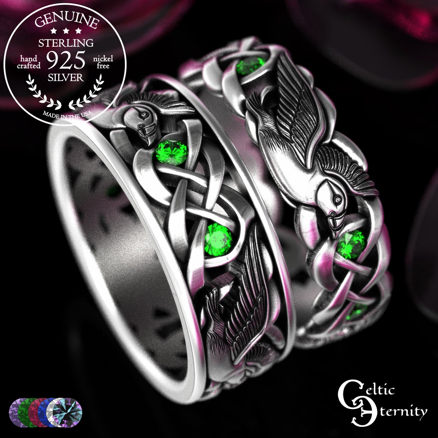 Sterling & Sapphire Matching Puffin Wedding Band Set - Celtic Knotwork, 2124 2125
