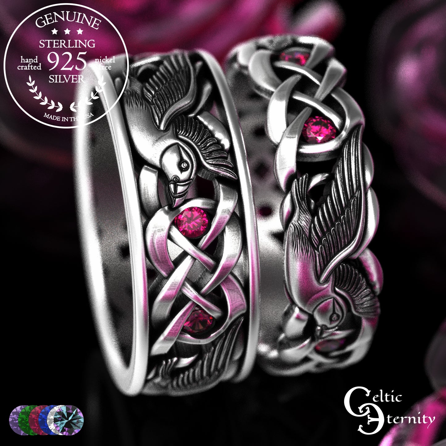 Sterling & Sapphire Matching Puffin Wedding Band Set - Celtic Knotwork, 2124 2125