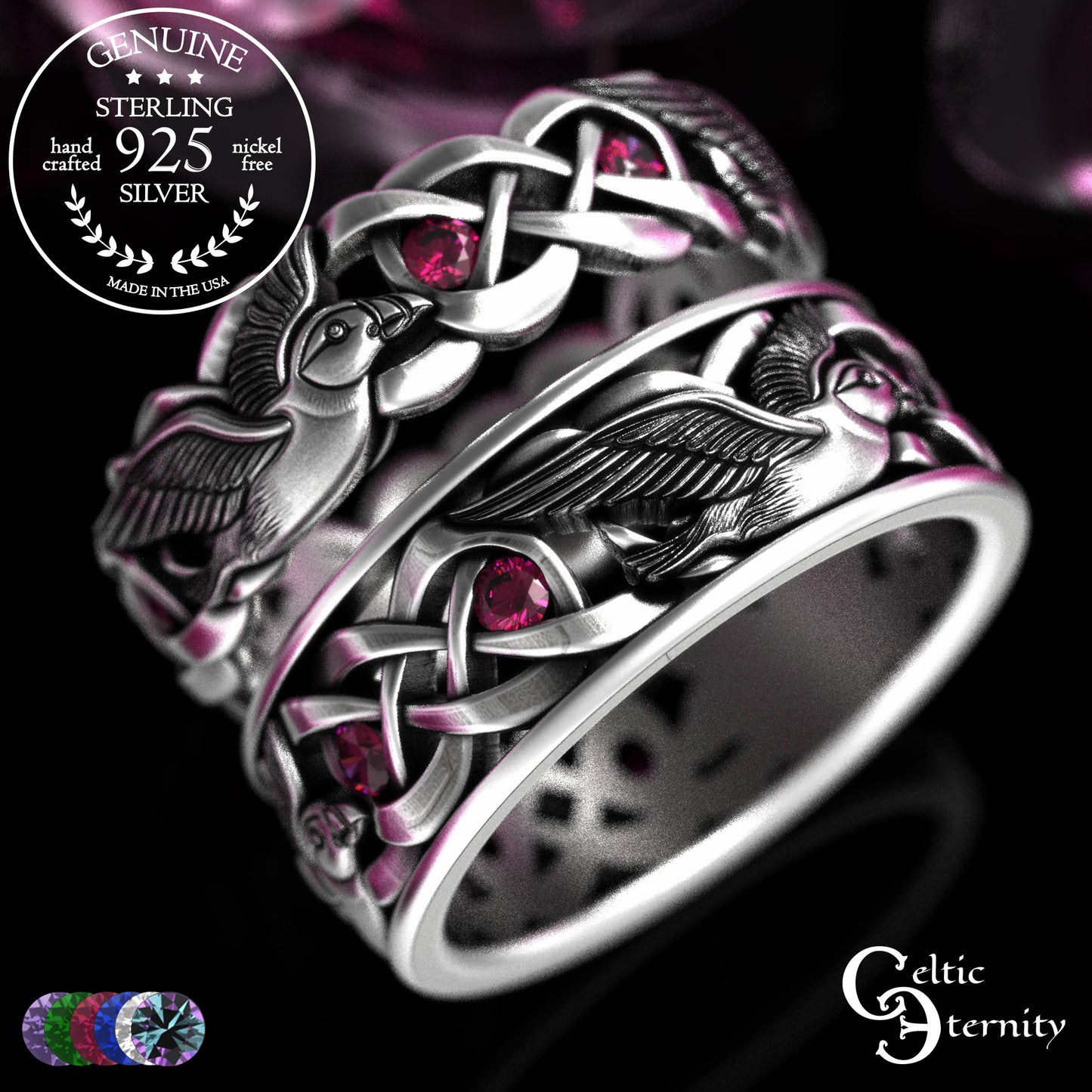 Sterling & Sapphire Matching Puffin Wedding Band Set - Celtic Knotwork, 2124 2125