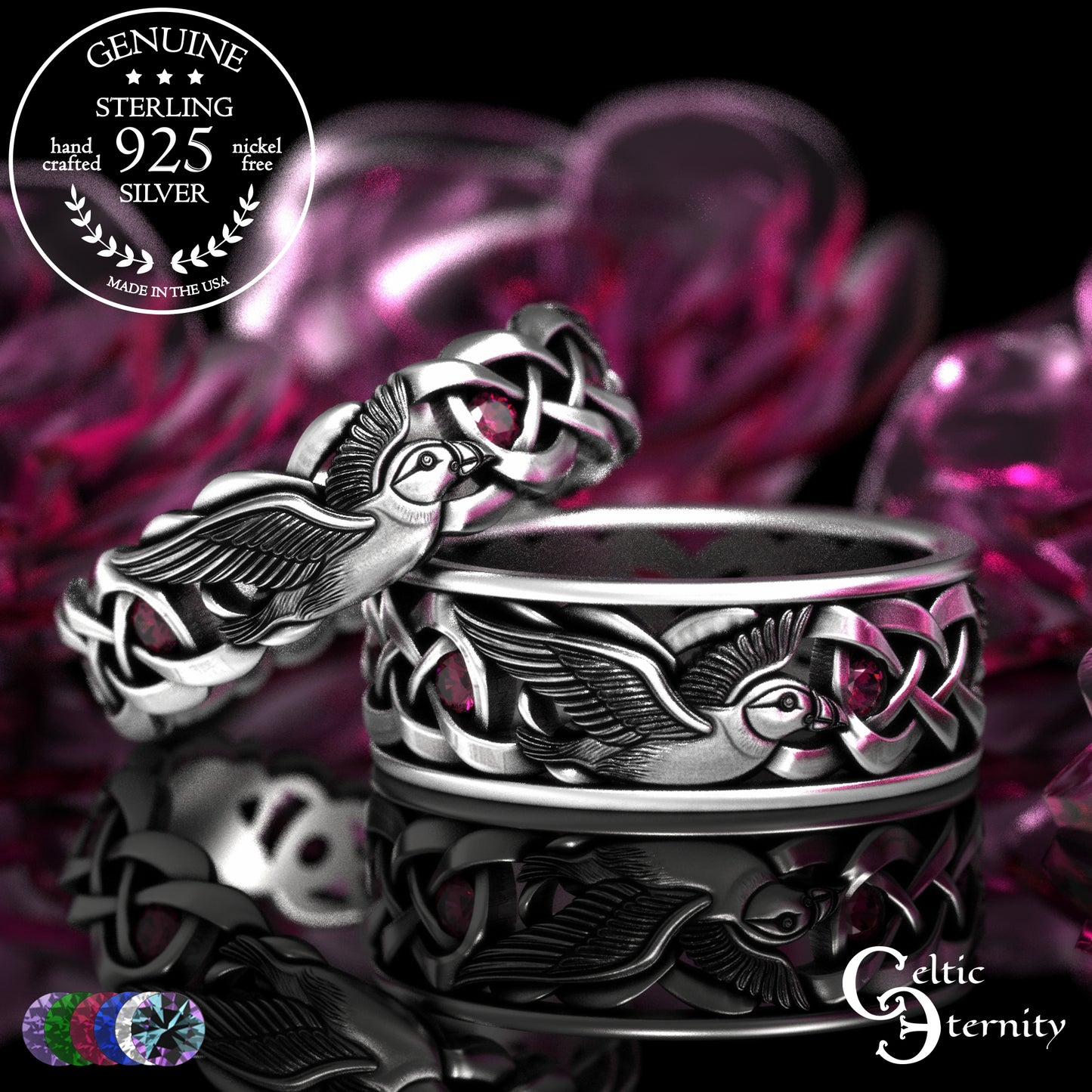 Sterling & Sapphire Matching Puffin Wedding Band Set - Celtic Knotwork, 2124 2125
