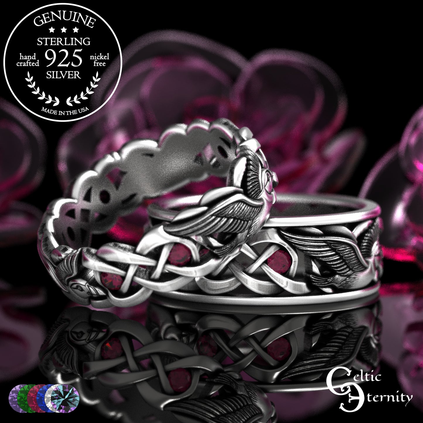 Sterling & Sapphire Matching Puffin Wedding Band Set - Celtic Knotwork, 2124 2125