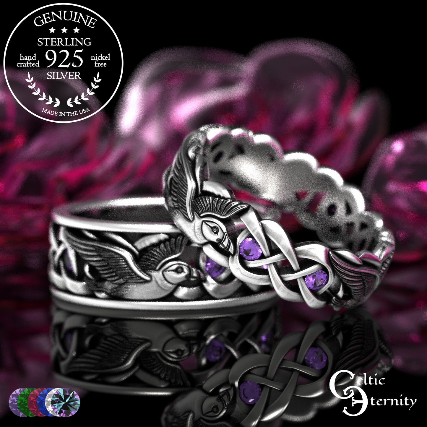 Sterling & Sapphire Matching Puffin Wedding Band Set - Celtic Knotwork, 2124 2125