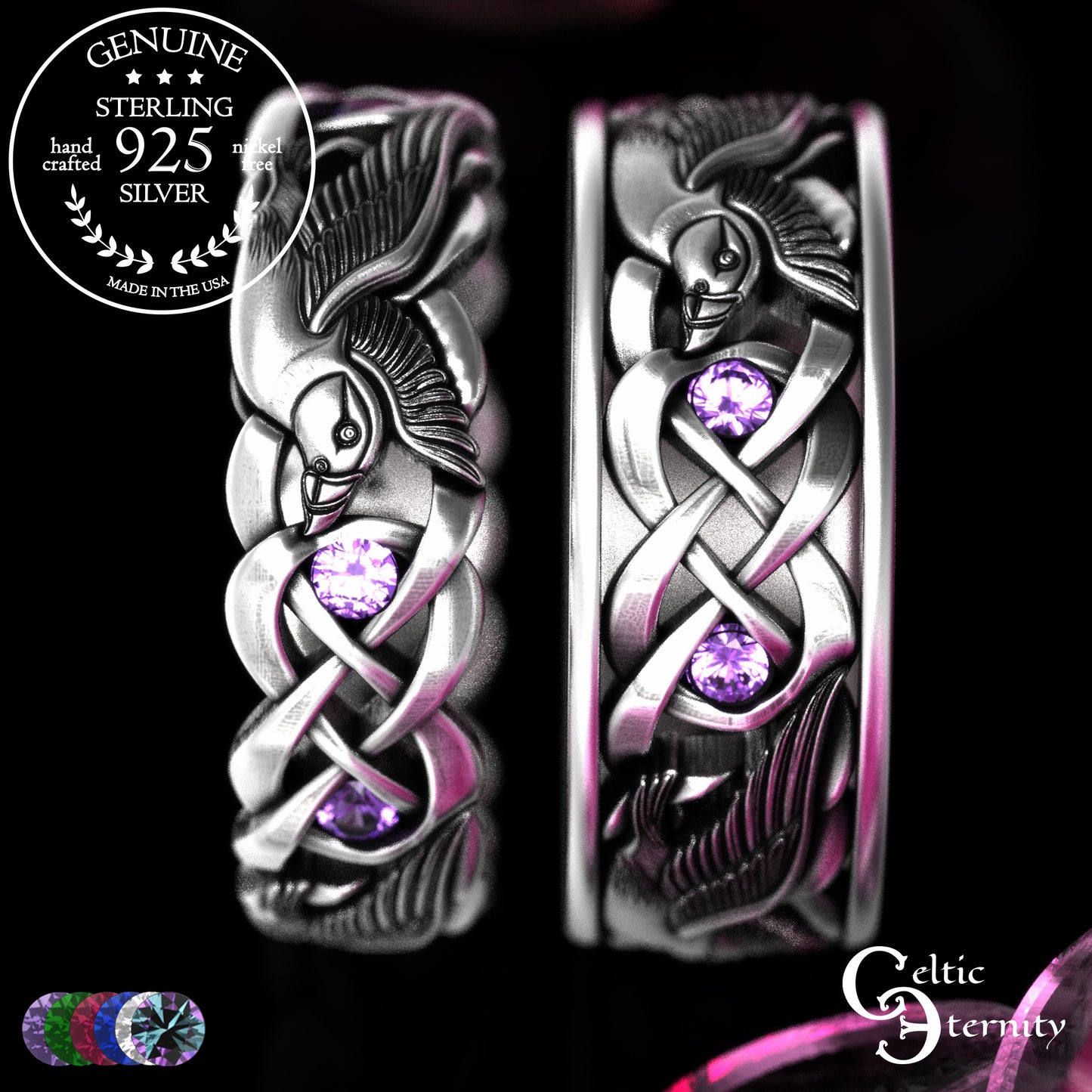 Sterling & Sapphire Matching Puffin Wedding Band Set - Celtic Knotwork, 2124 2125