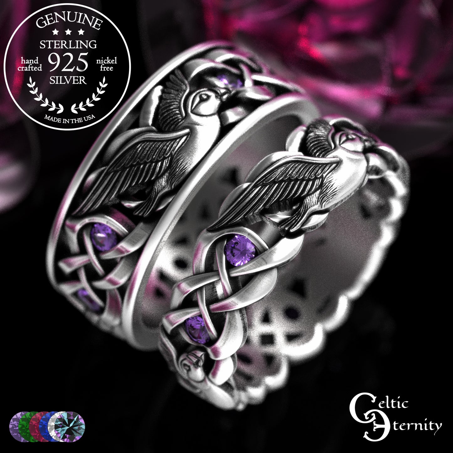 Sterling & Sapphire Matching Puffin Wedding Band Set - Celtic Knotwork, 2124 2125