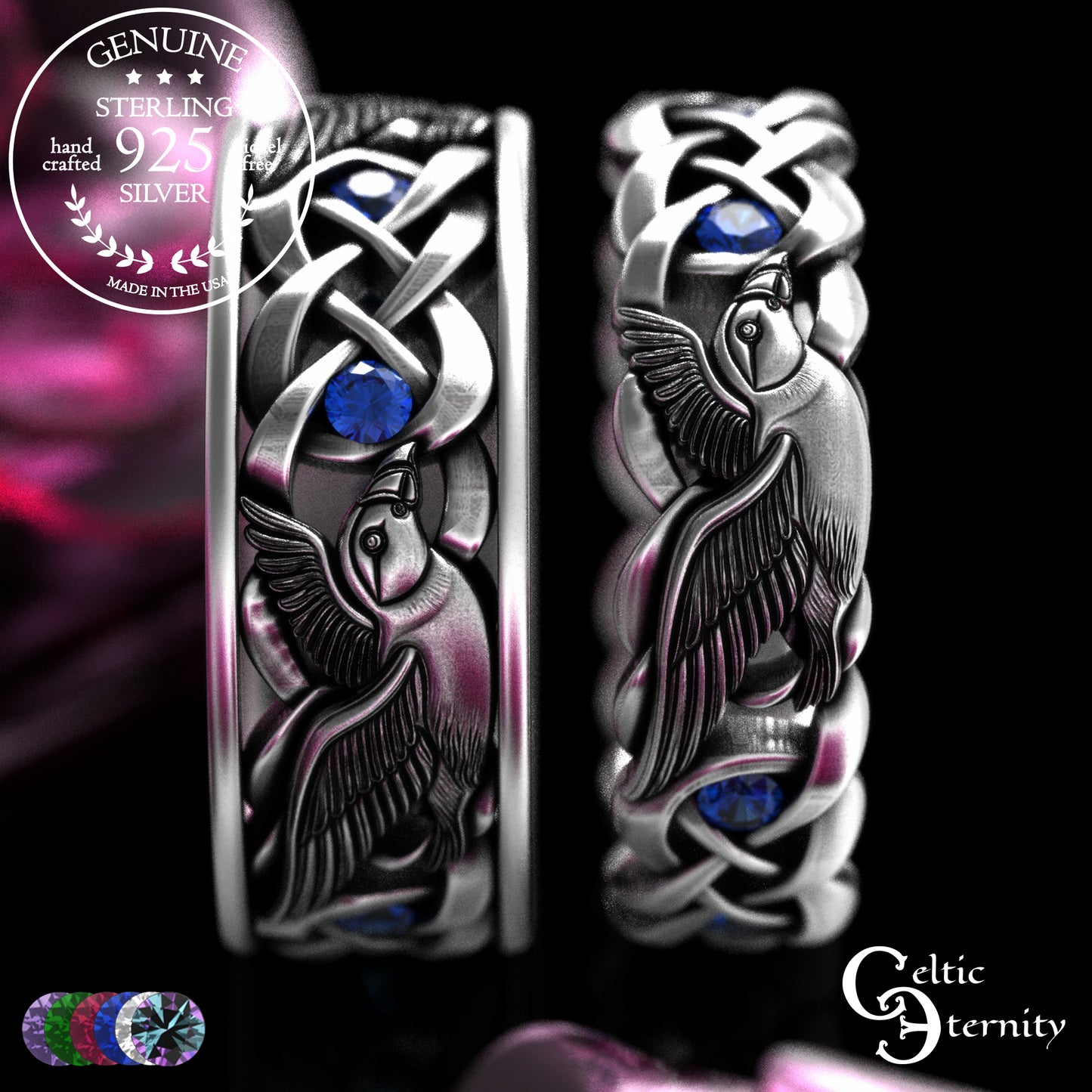 Sterling & Sapphire Matching Puffin Wedding Band Set - Celtic Knotwork, 2124 2125