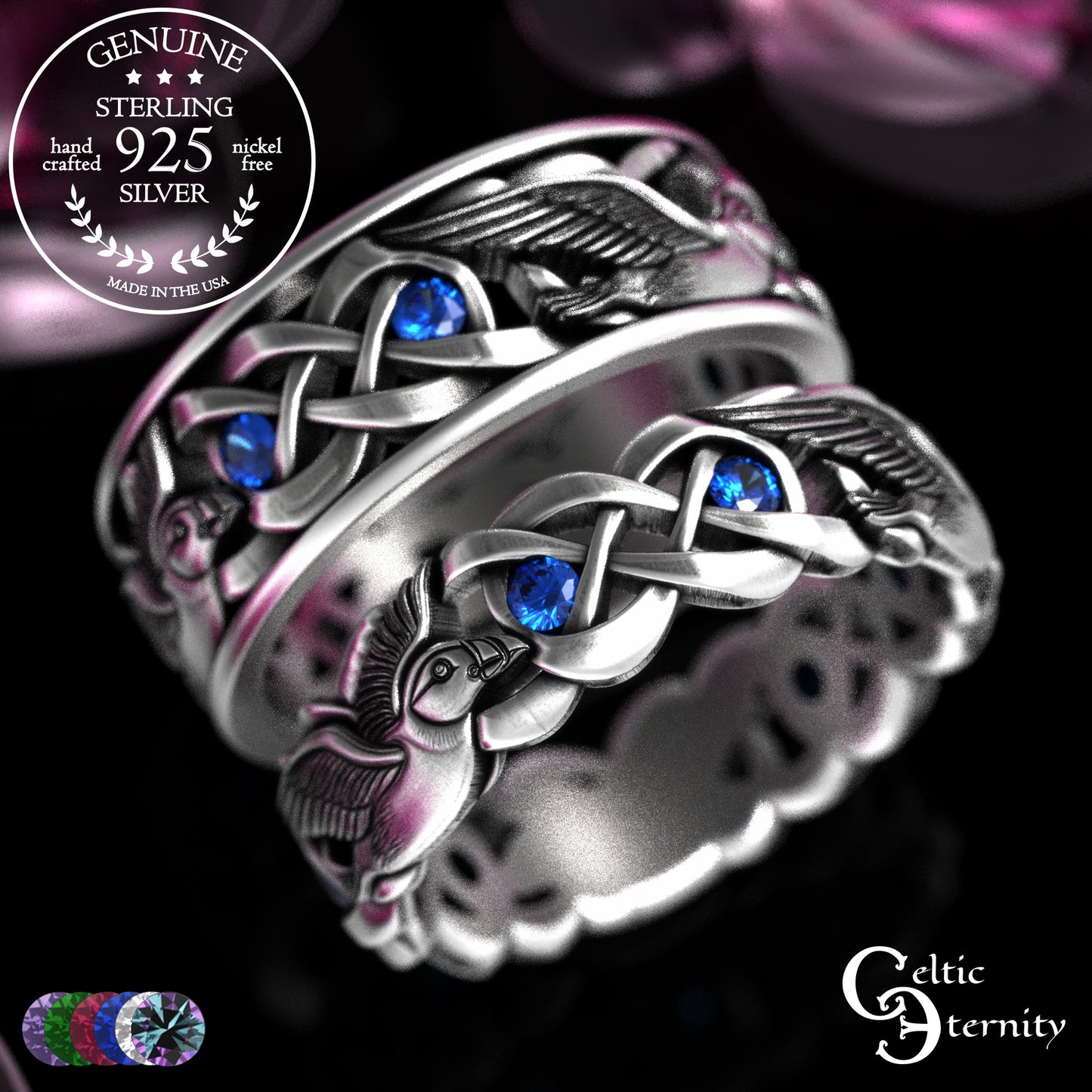 Sterling & Sapphire Matching Puffin Wedding Band Set - Celtic Knotwork, 2124 2125