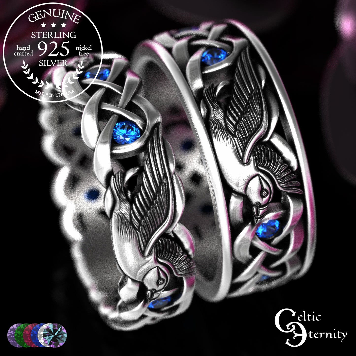 Sterling & Sapphire Matching Puffin Wedding Band Set - Celtic Knotwork, 2124 2125