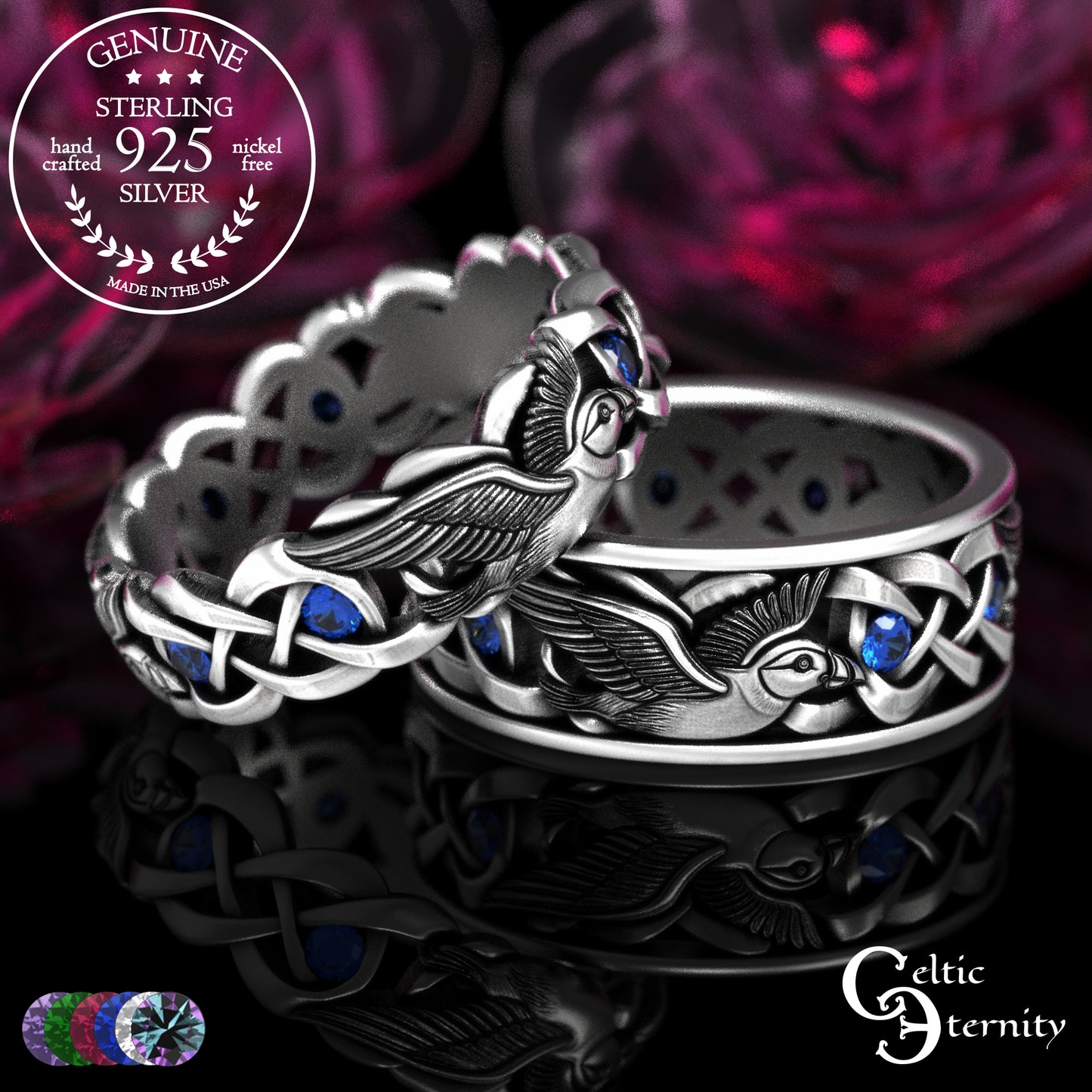 Sterling & Sapphire Matching Puffin Wedding Band Set - Celtic Knotwork, 2124 2125
