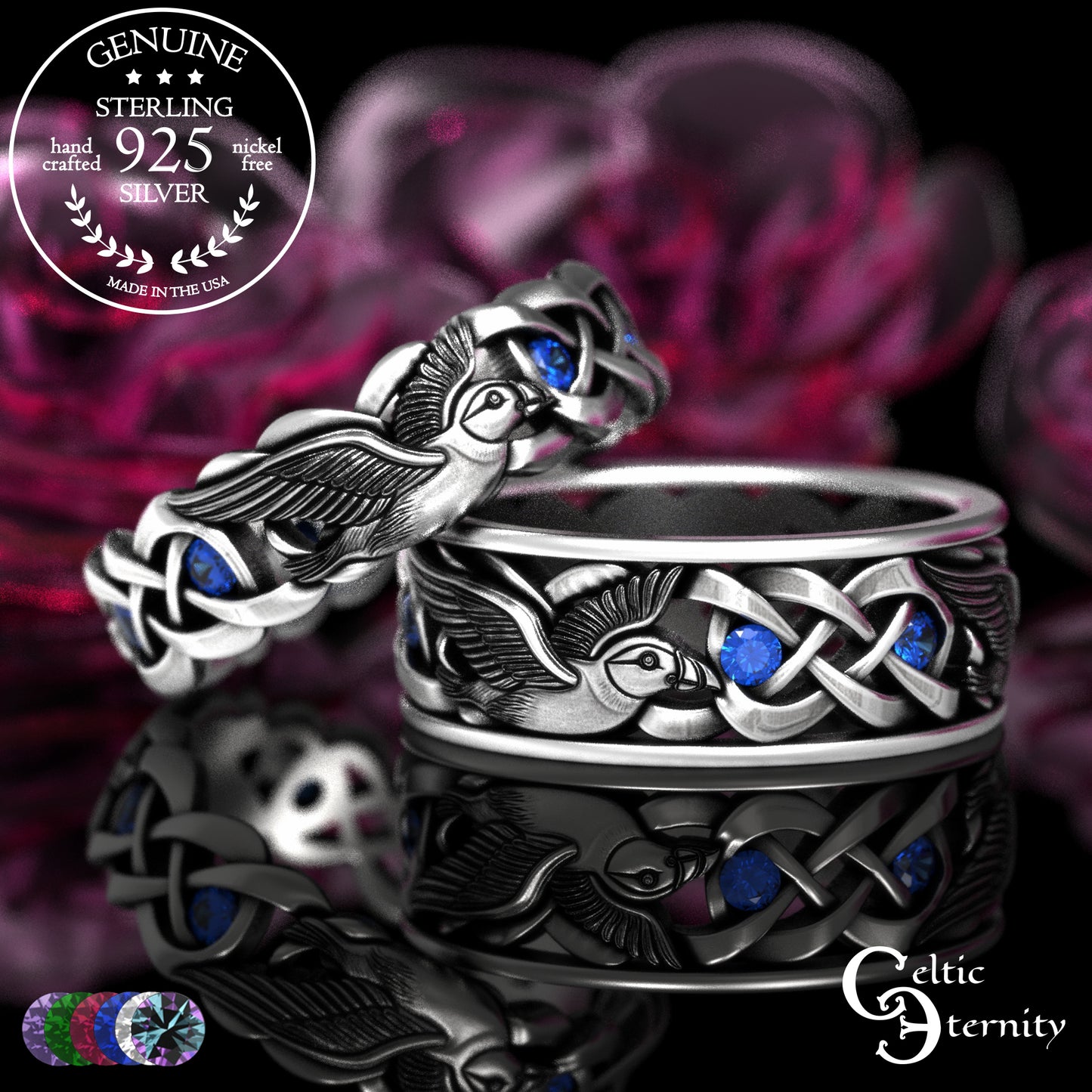 Sterling & Sapphire Matching Puffin Wedding Band Set - Celtic Knotwork, 2124 2125