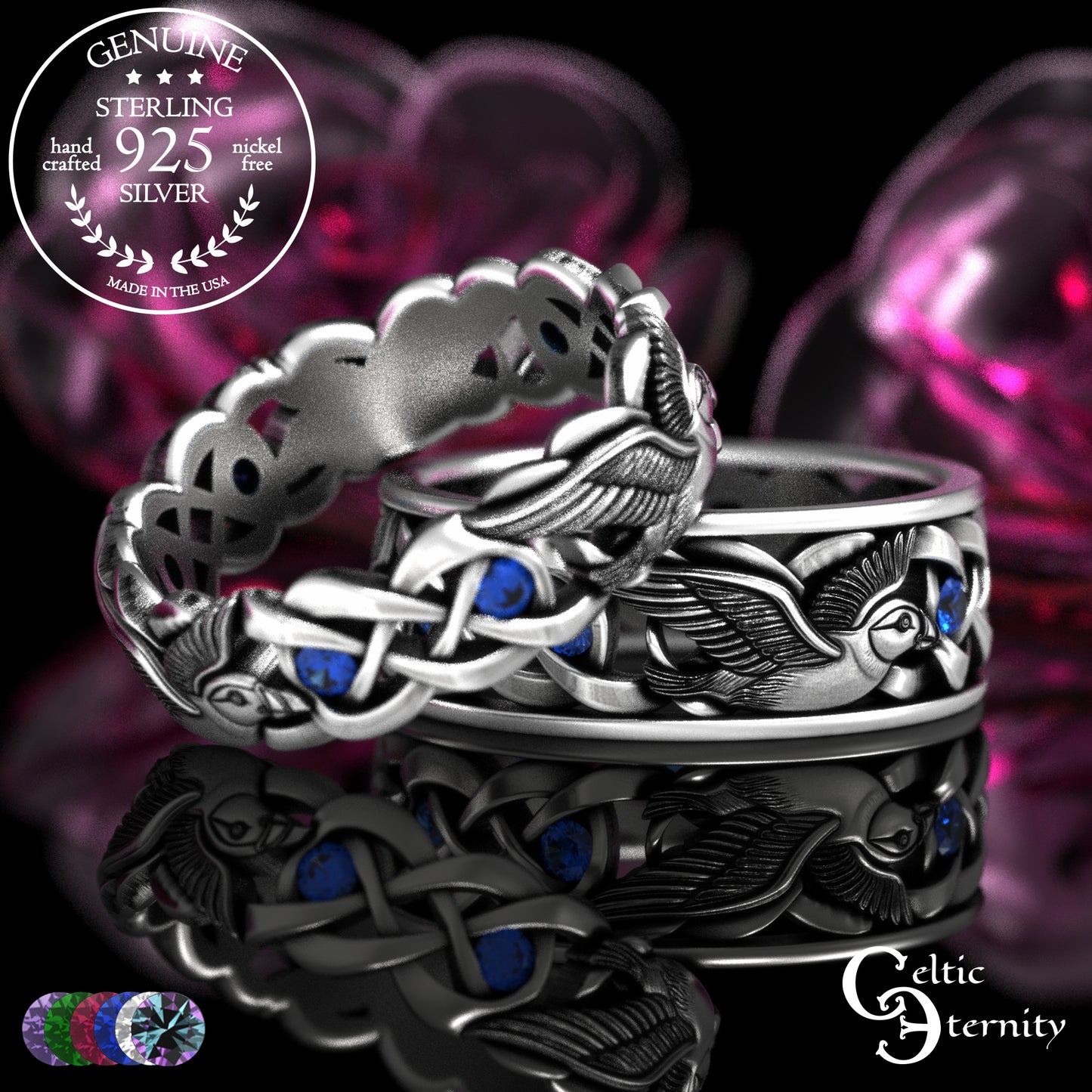 Sterling & Sapphire Matching Puffin Wedding Band Set - Celtic Knotwork, 2124 2125