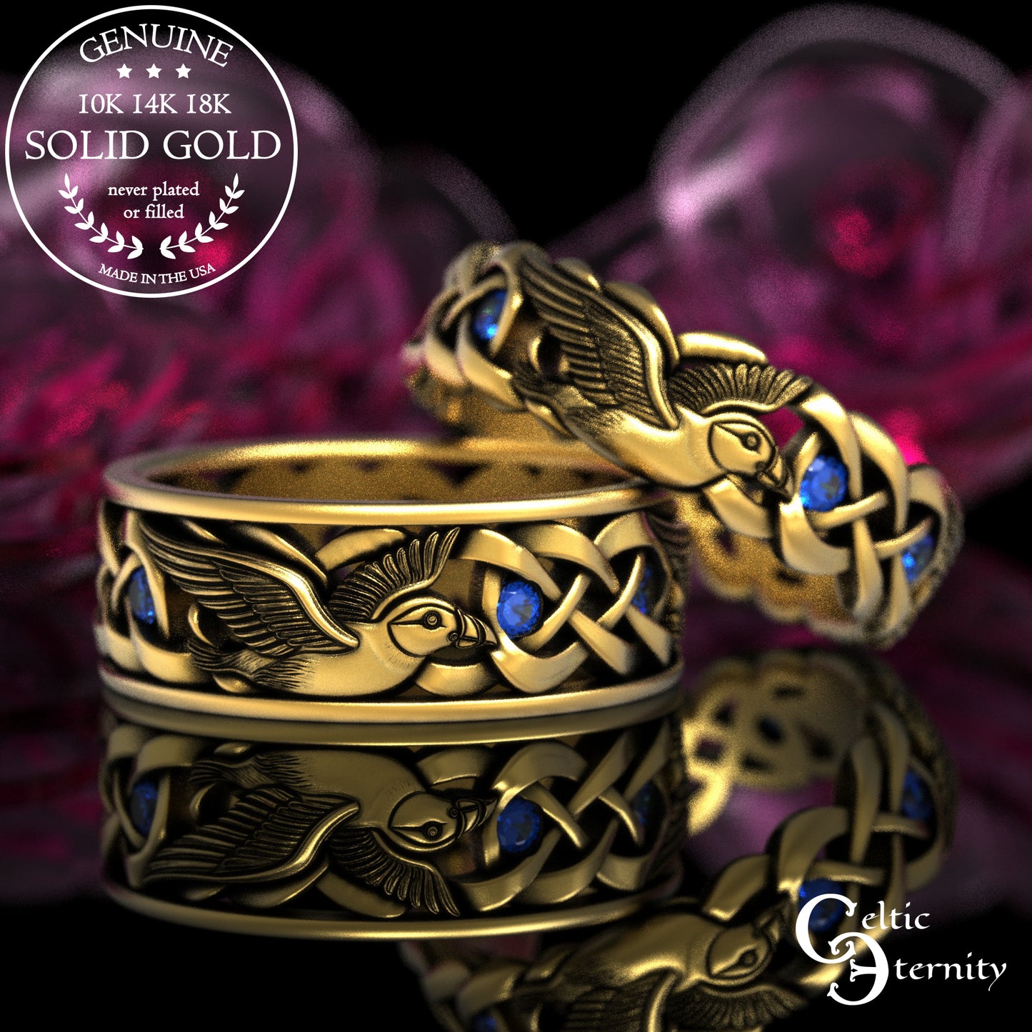 Sterling Woman's Puffin Bird Wedding Band with Emeralds, 2124