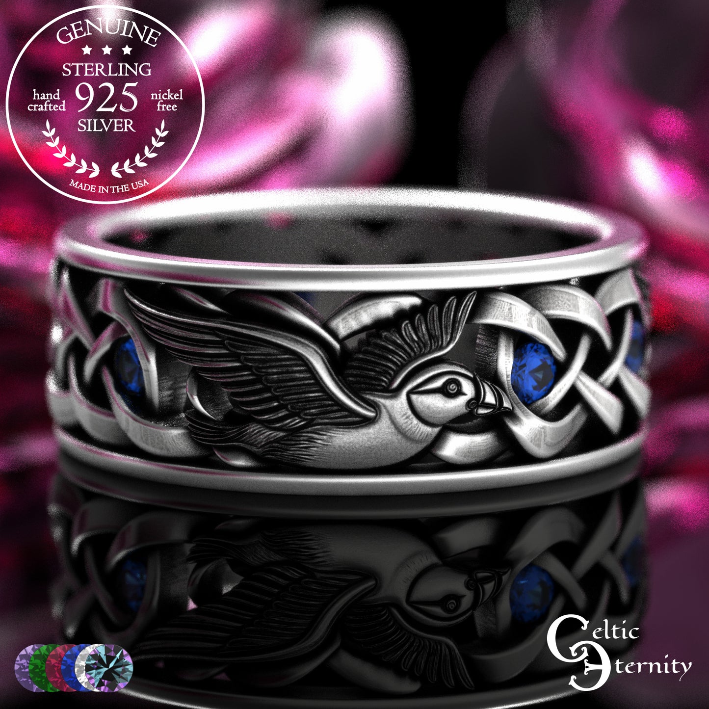 Men's Sterling Puffin Wedding Band with Emeralds, 2125