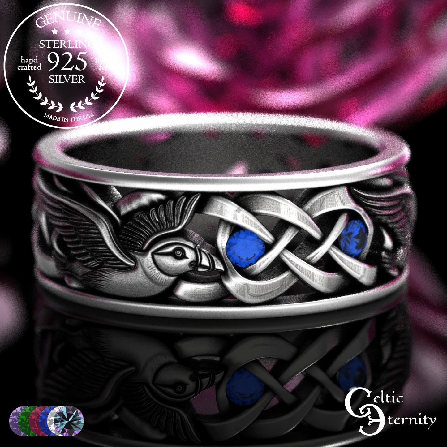 Men's Sterling Puffin Wedding Band with Emeralds, 2125