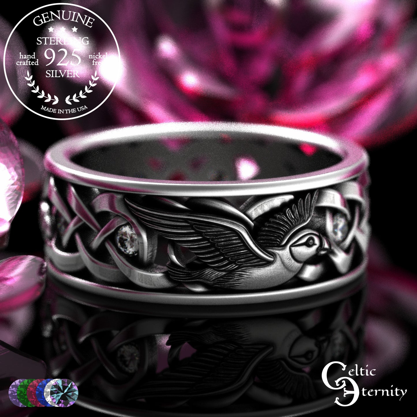 Men's Sterling Puffin Wedding Band with Emeralds, 2125
