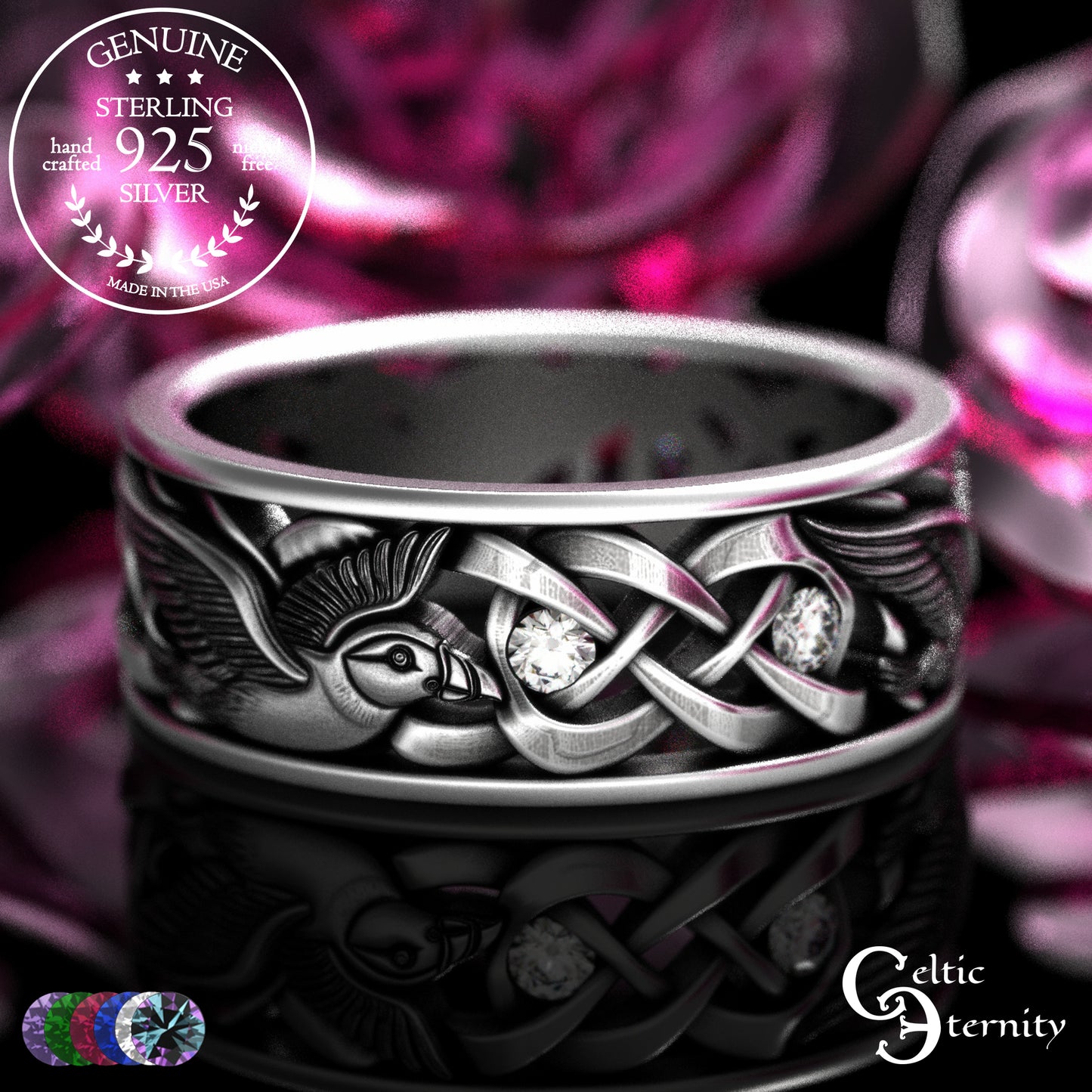 Men's Sterling Puffin Wedding Band with Emeralds, 2125