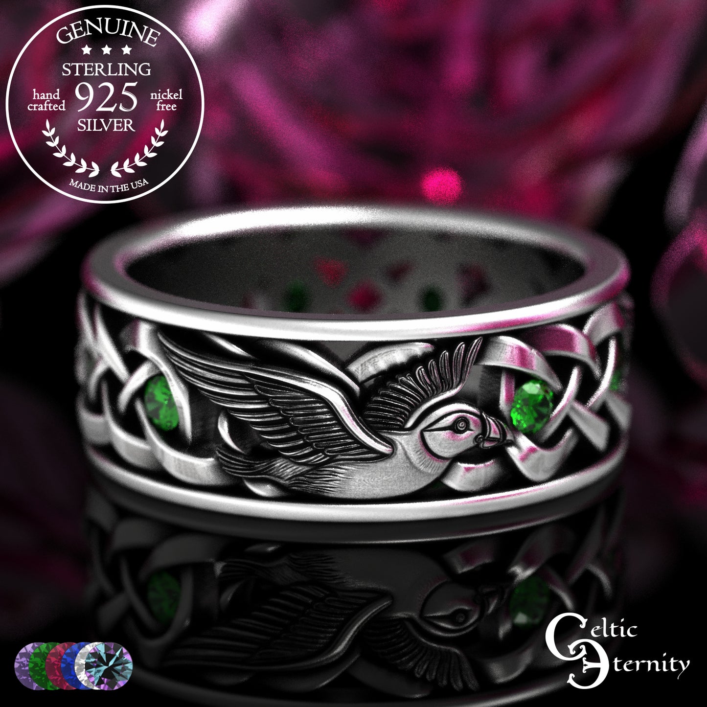Men's Sterling Puffin Wedding Band with Emeralds, 2125