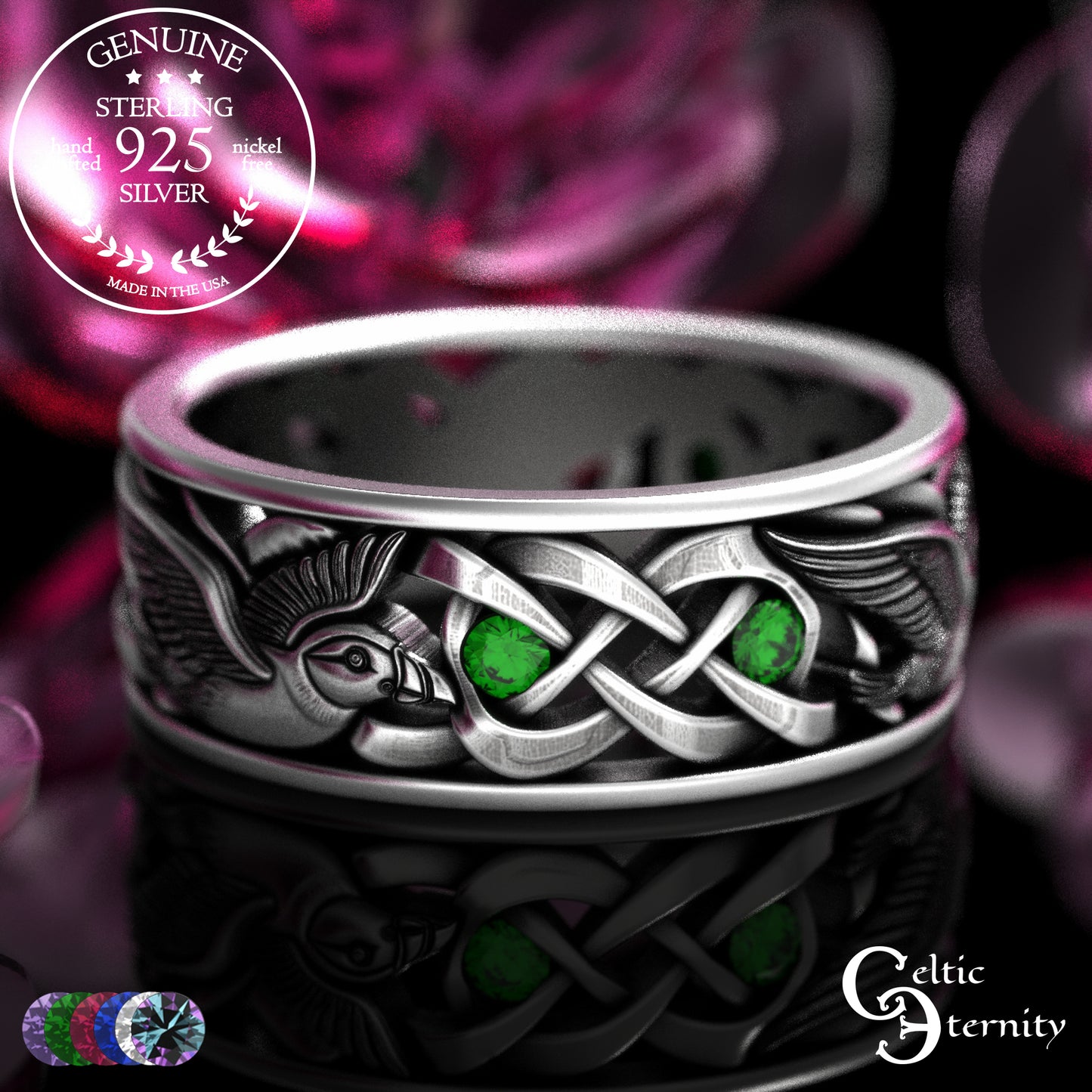 Men's Sterling Puffin Wedding Band with Emeralds, 2125
