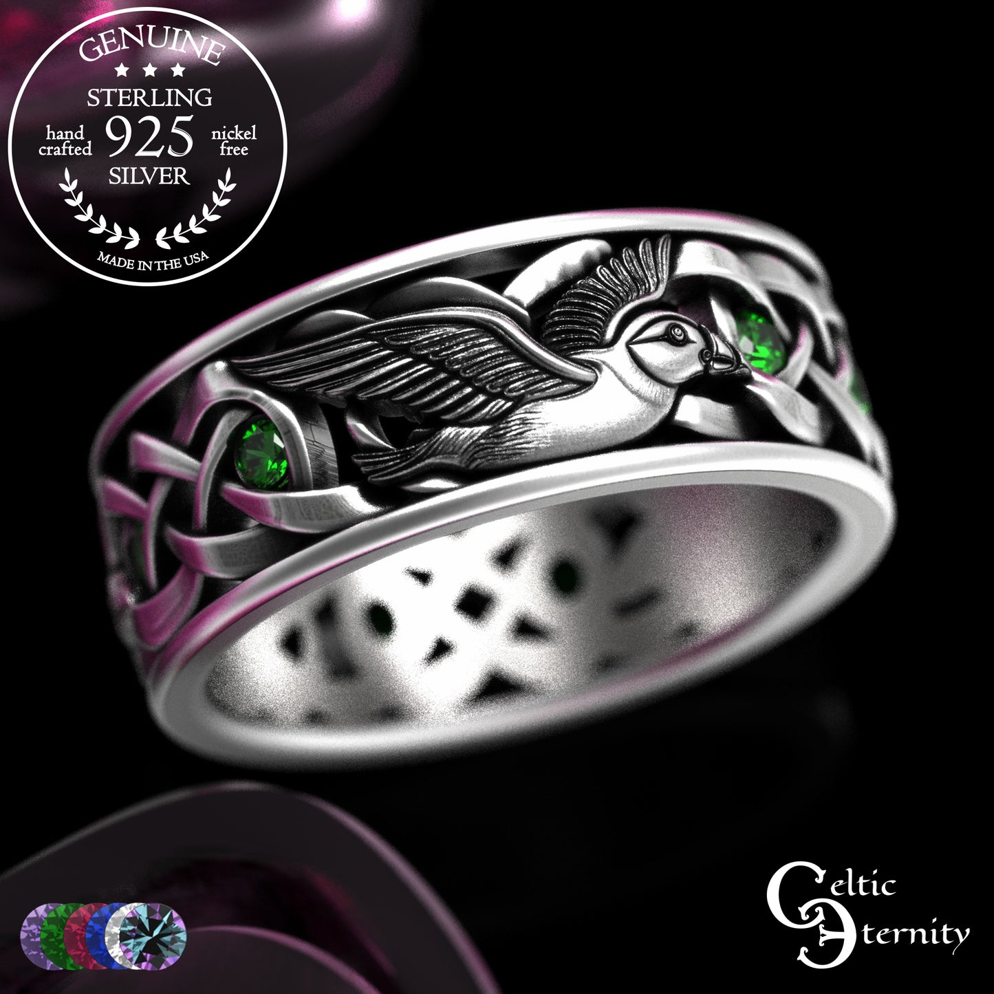 Men's Sterling Puffin Wedding Band with Emeralds, 2125