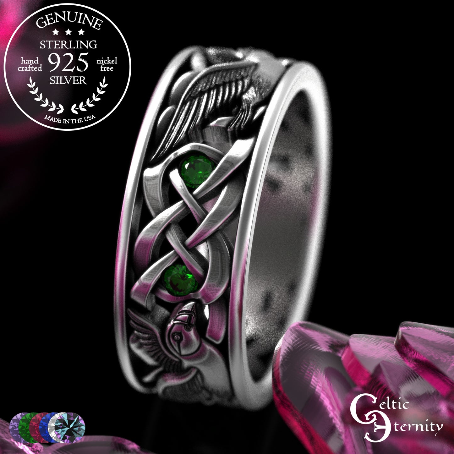 Men's Sterling Puffin Wedding Band with Emeralds, 2125