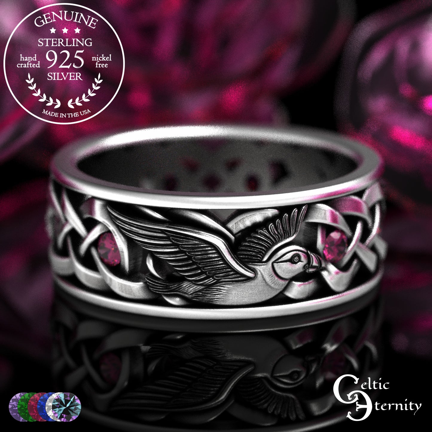 Men's Sterling Puffin Wedding Band with Emeralds, 2125