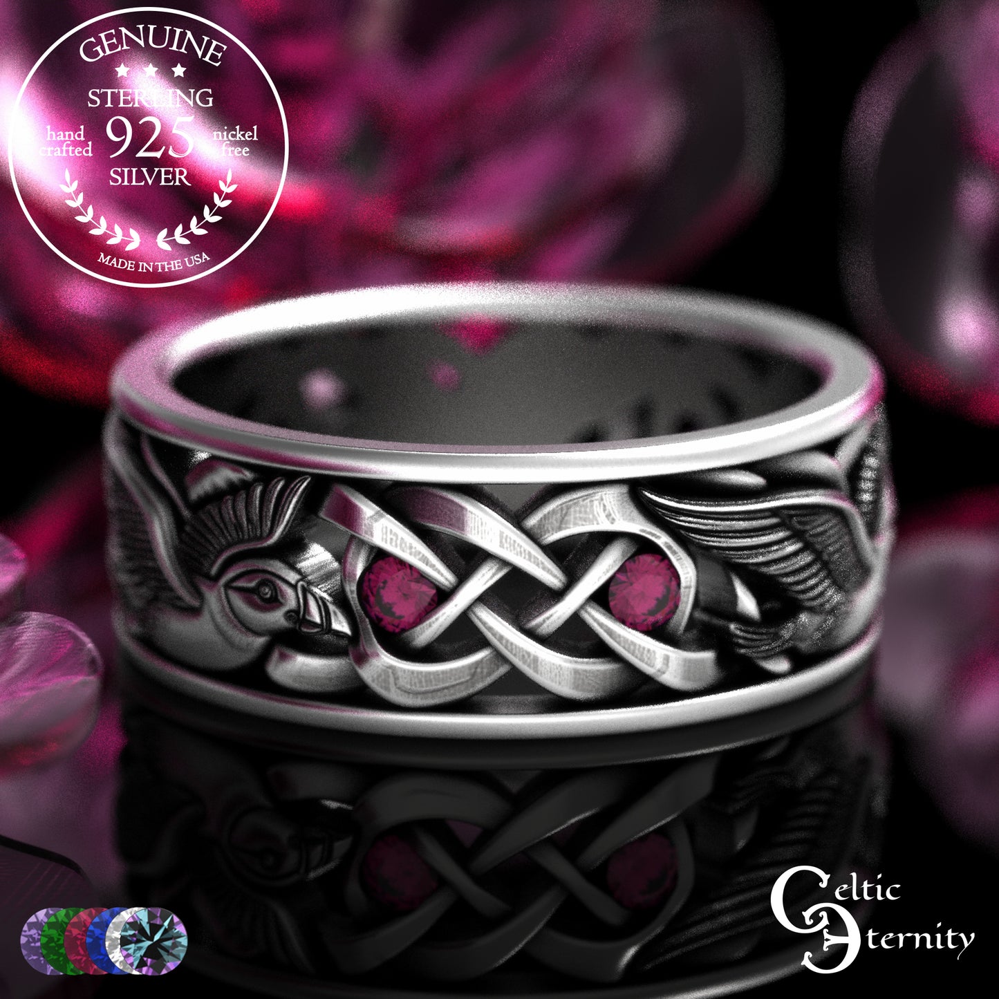 Men's Sterling Puffin Wedding Band with Emeralds, 2125