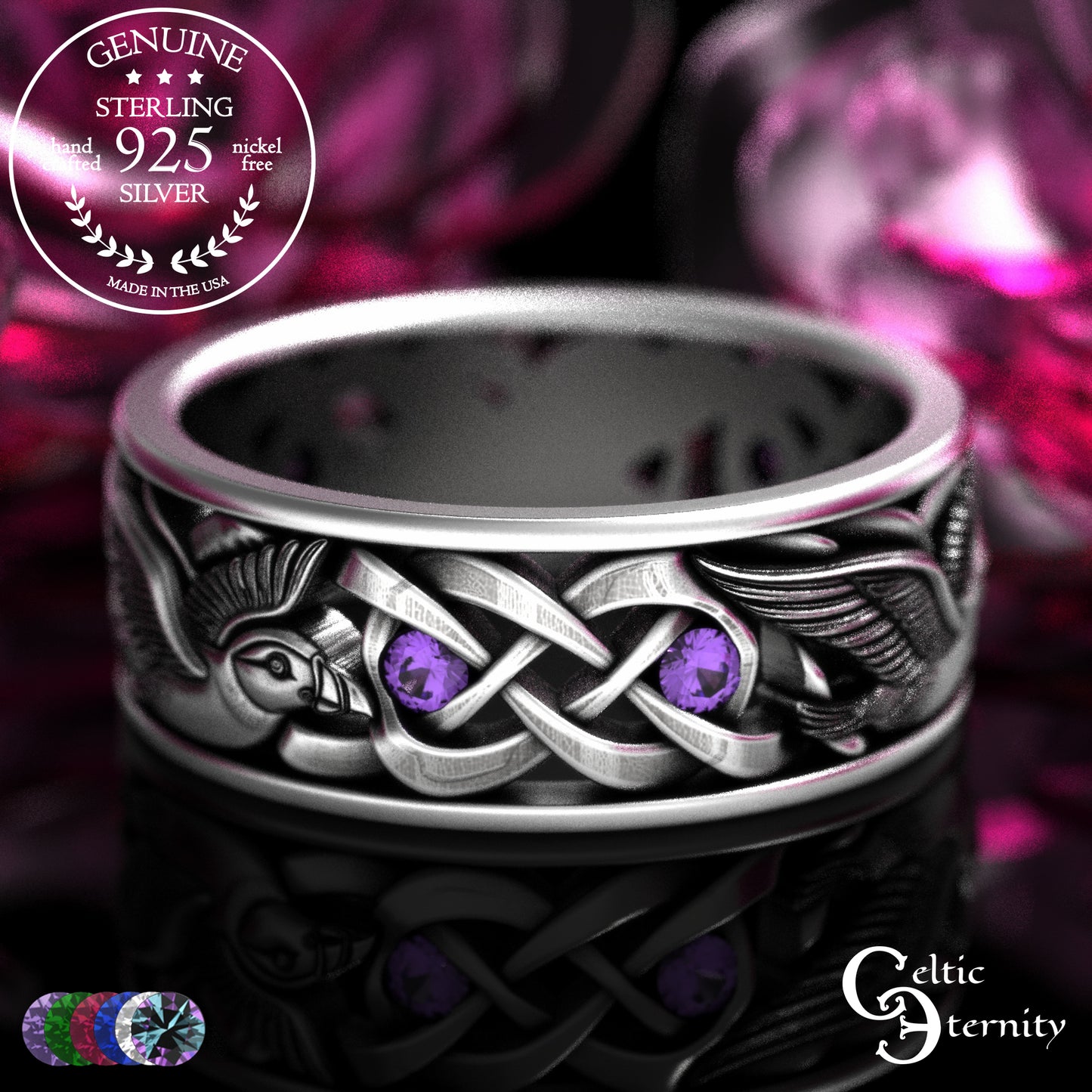 Men's Sterling Puffin Wedding Band with Emeralds, 2125