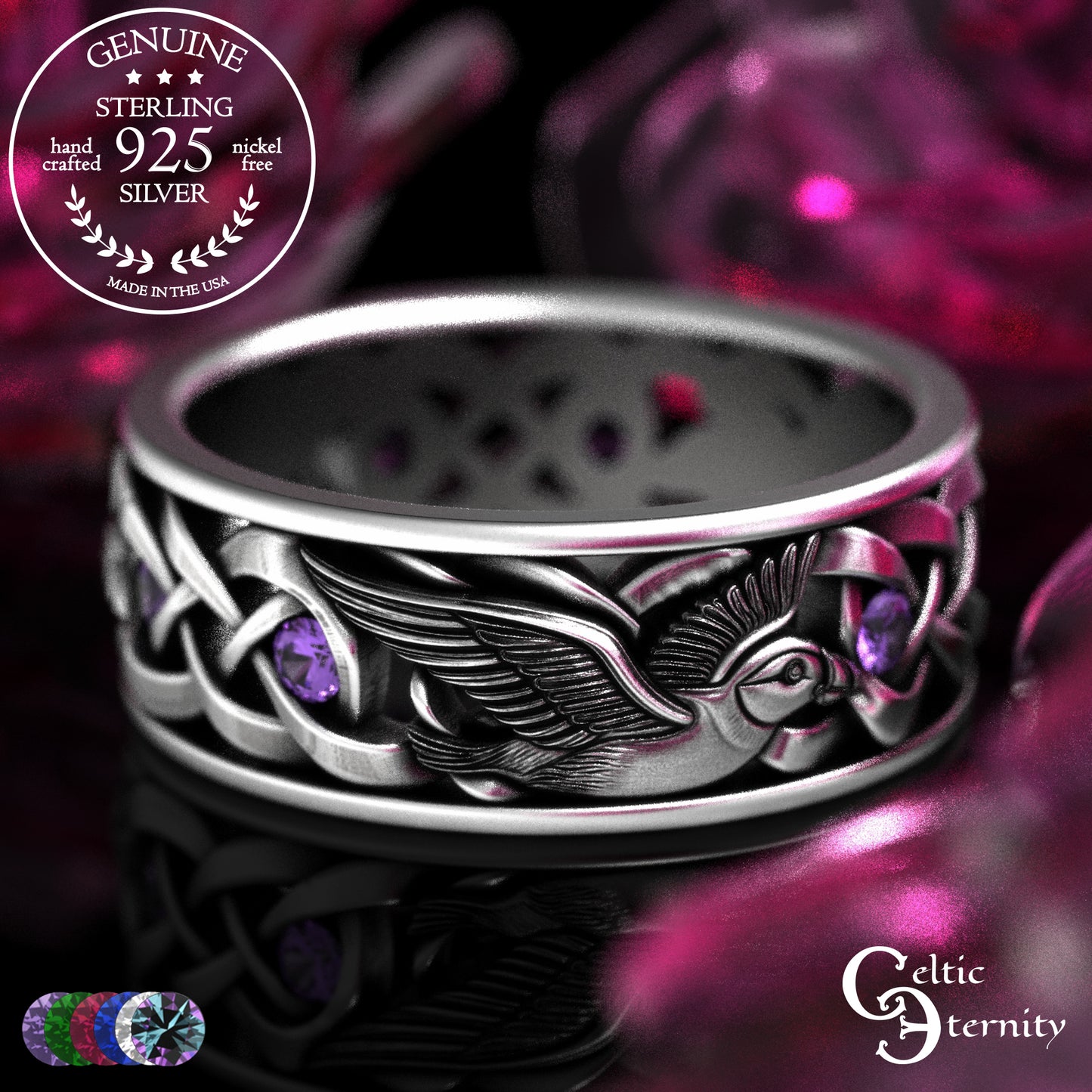 Men's Sterling Puffin Wedding Band with Emeralds, 2125