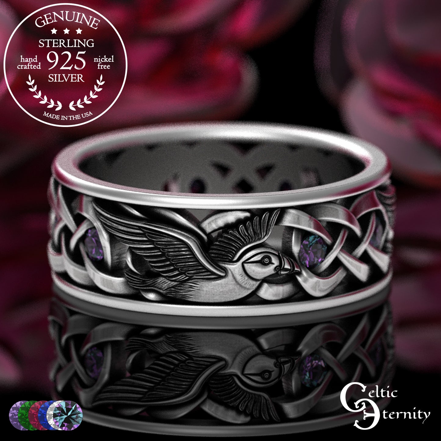 Men's Sterling Puffin Wedding Band with Emeralds, 2125