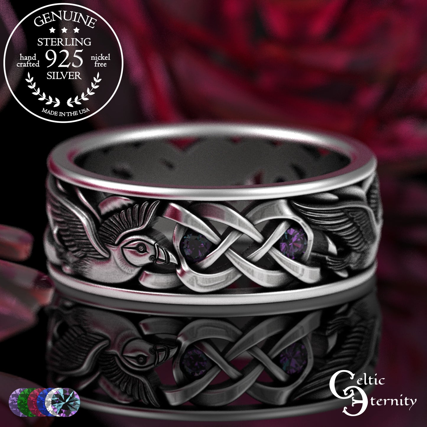 Men's Sterling Puffin Wedding Band with Emeralds, 2125