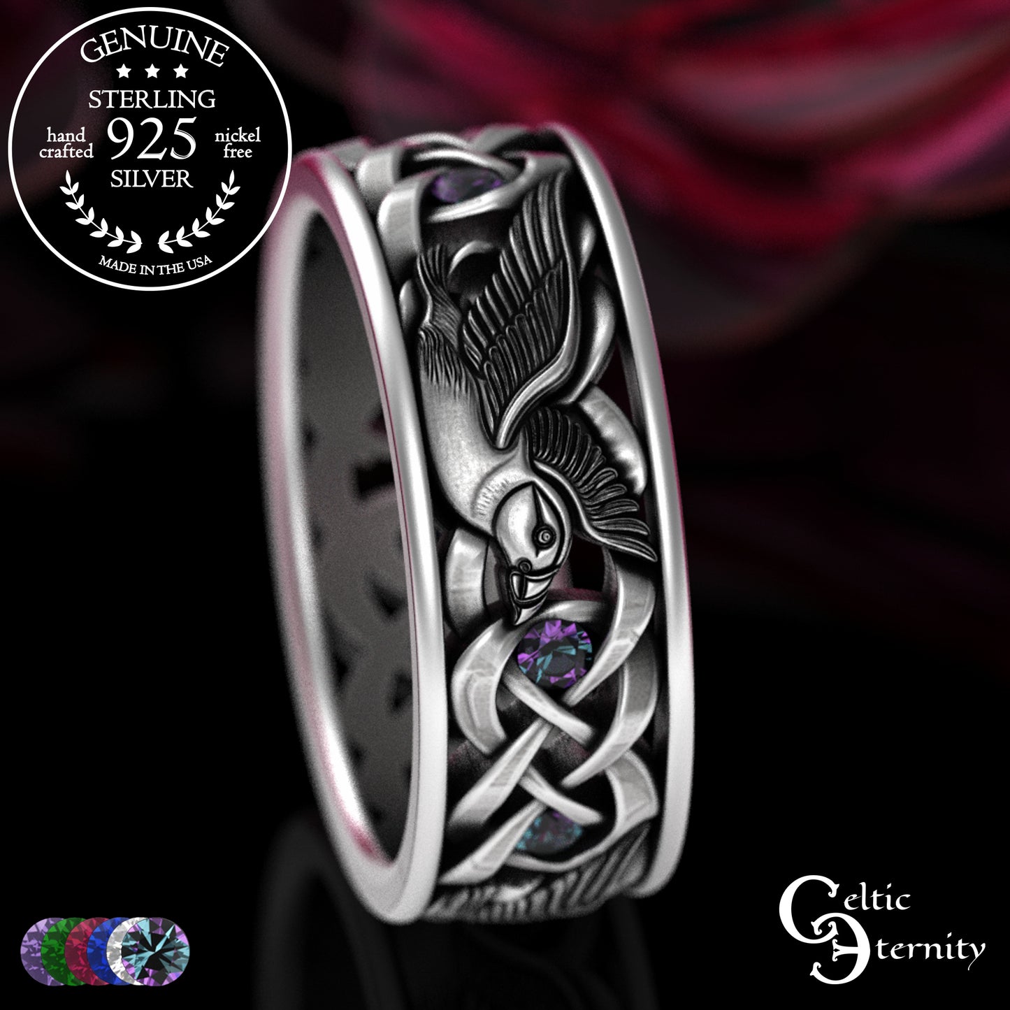 Men's Sterling Puffin Wedding Band with Emeralds, 2125
