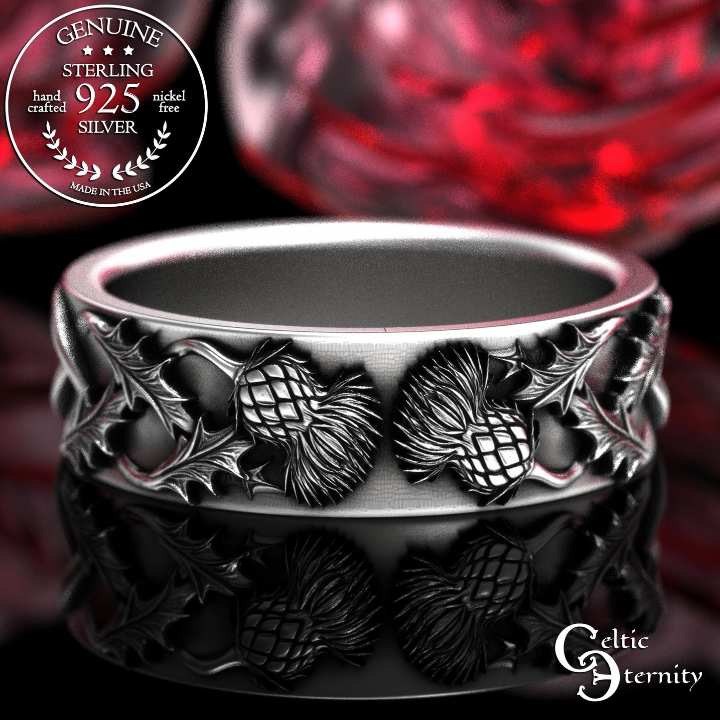 Sterling Scottish Thistle Blossom & Leaves Wedding Band Set - Matching Infinity Knotwork, 2126 2127
