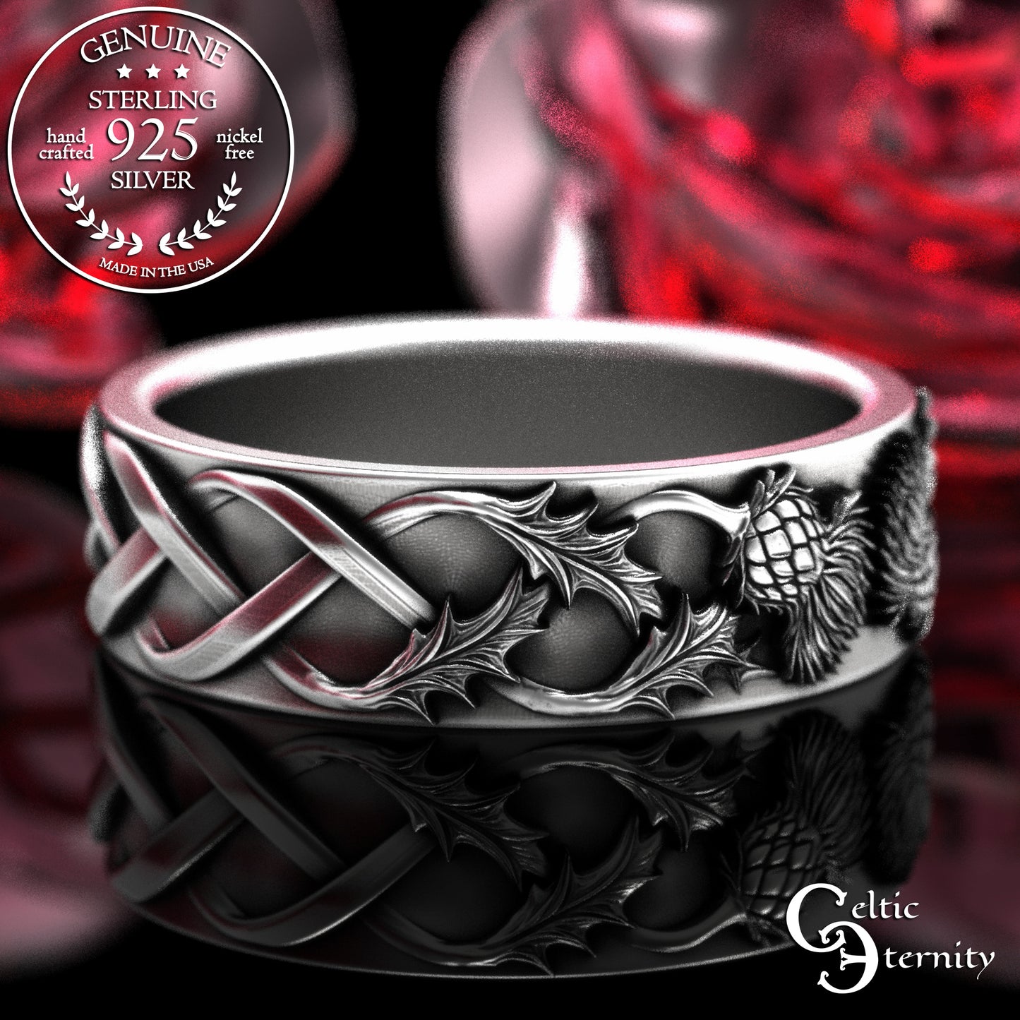 Sterling Scottish Thistle Blossom & Leaves Wedding Band Set - Matching Infinity Knotwork, 2126 2127