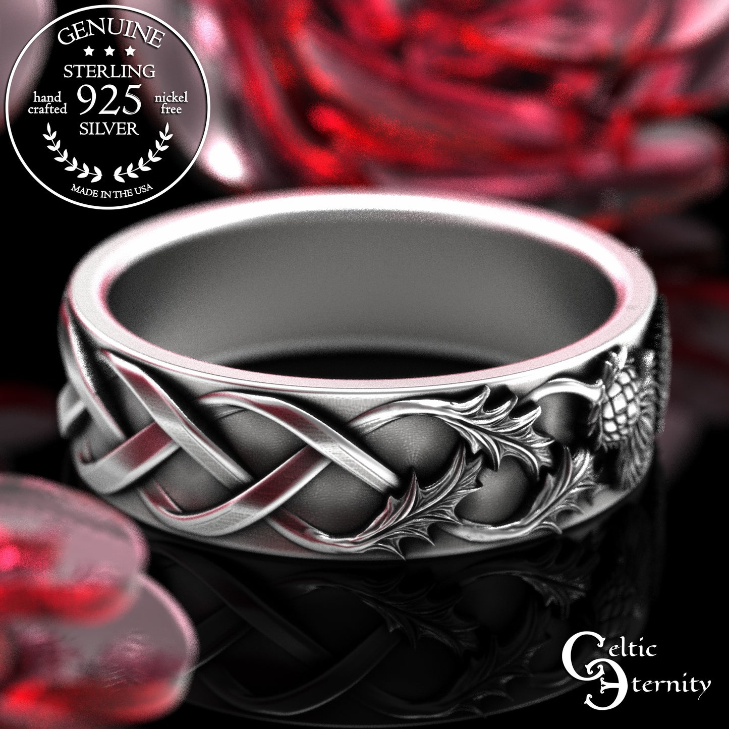 Sterling Scottish Thistle Blossom & Leaves Wedding Band Set - Matching Infinity Knotwork, 2126 2127