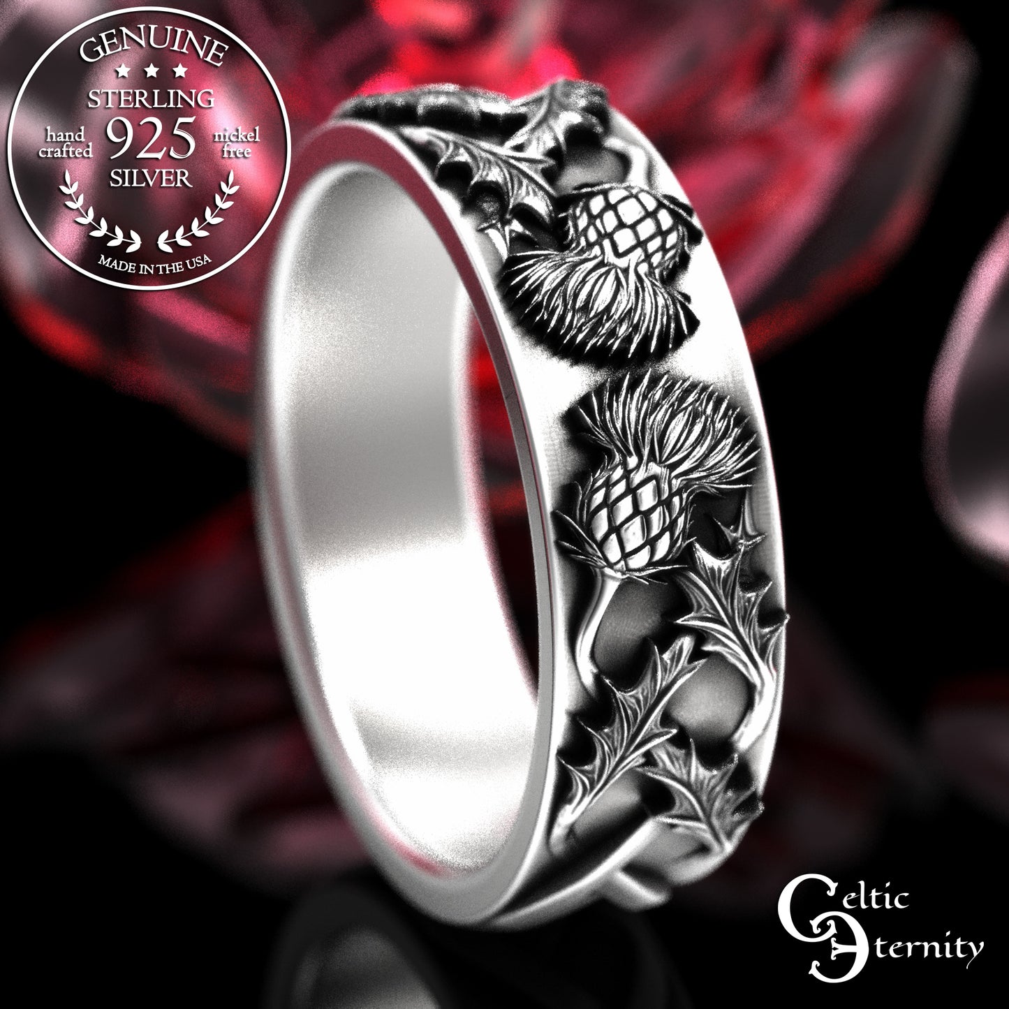 Sterling Scottish Thistle Blossom & Leaves Wedding Band Set - Matching Infinity Knotwork, 2126 2127