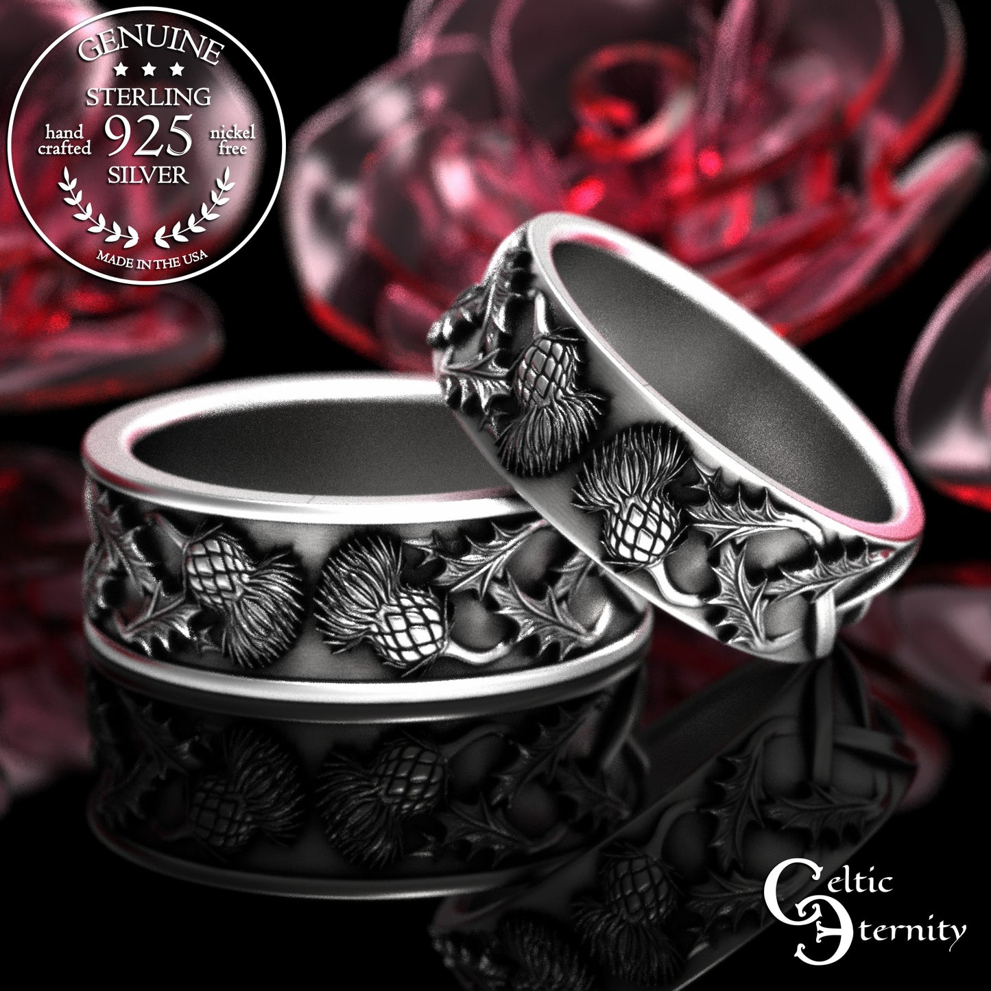 Sterling Scottish Thistle Blossom & Leaves Wedding Band Set - Matching Infinity Knotwork, 2126 2127